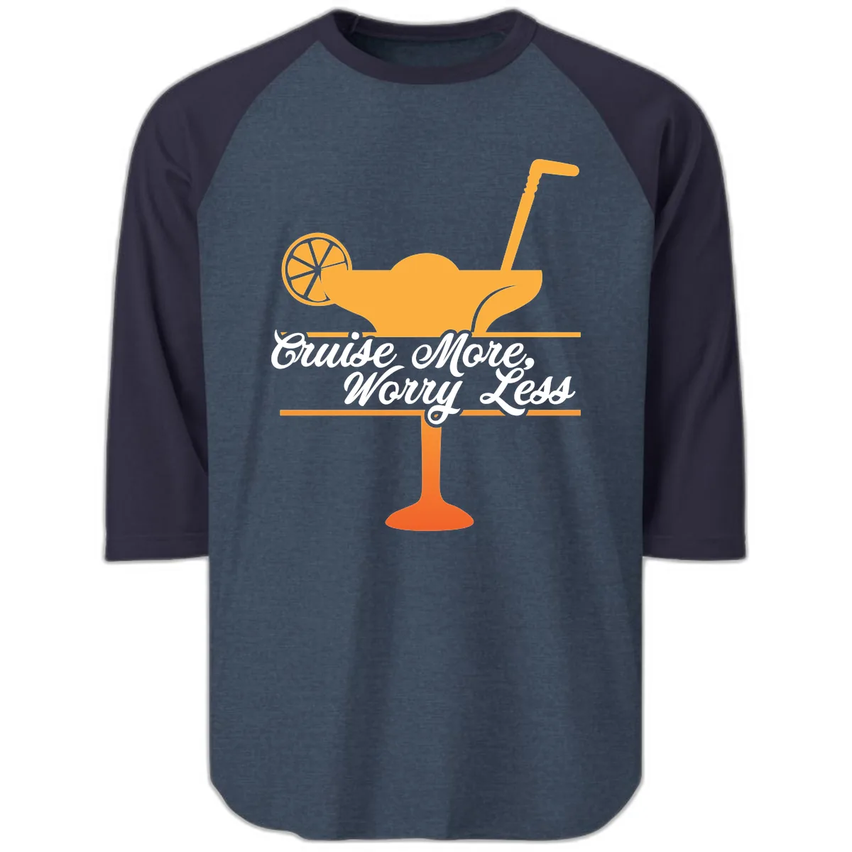 Cruise More, Worry Less Raglan 3/4 in Heather Denim Navy
