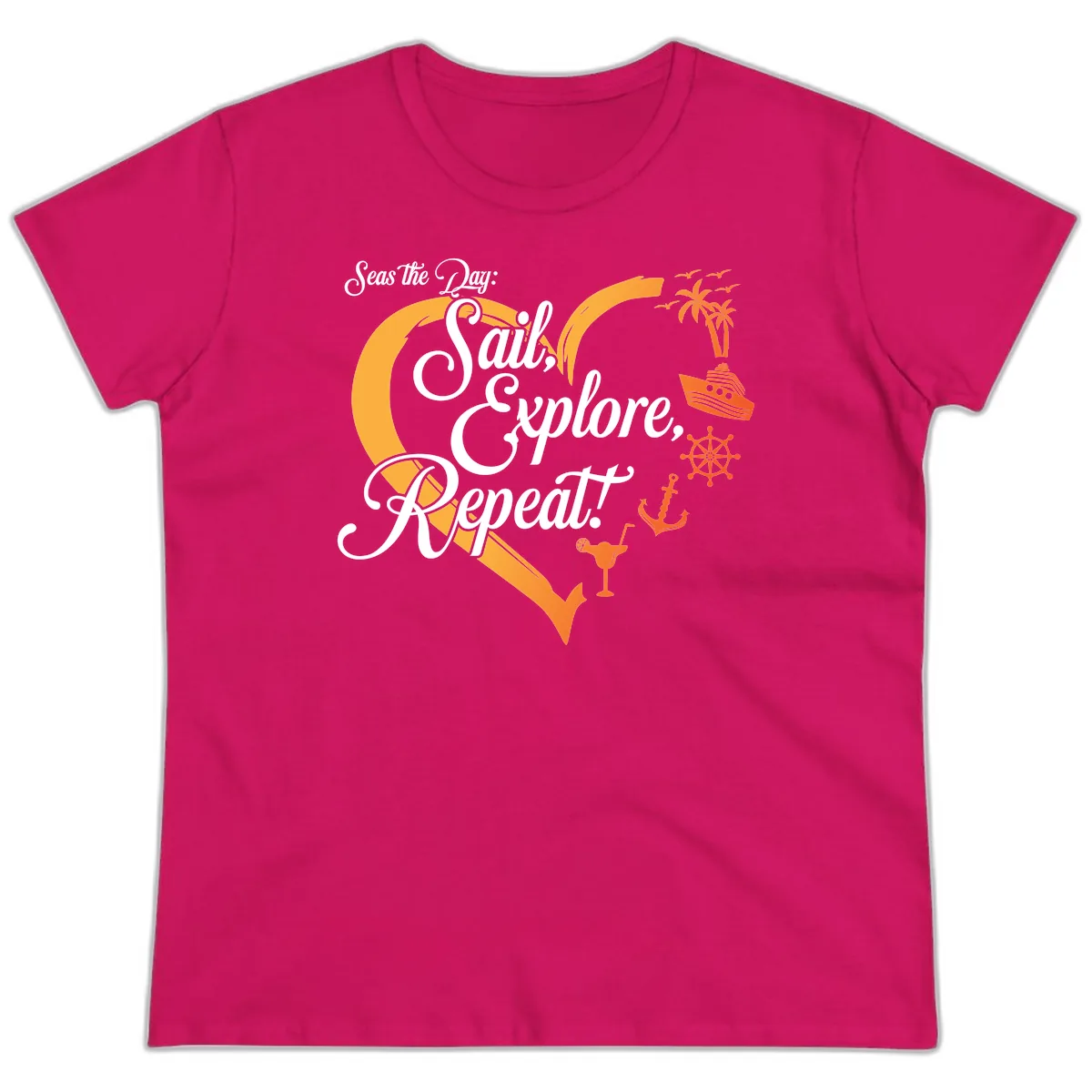 Seas The Day: Sail, Explore, Repeat Ladies Tee in Heliconia