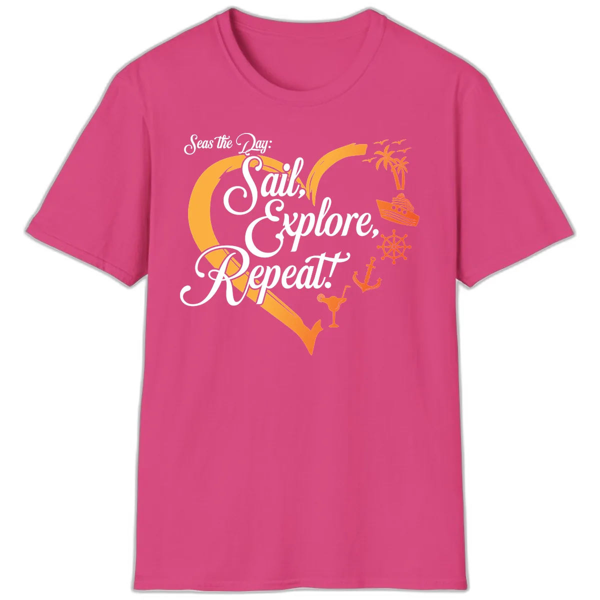 Seas The Day: Sail, Explore, Repeat T-Shirt in Heliconia