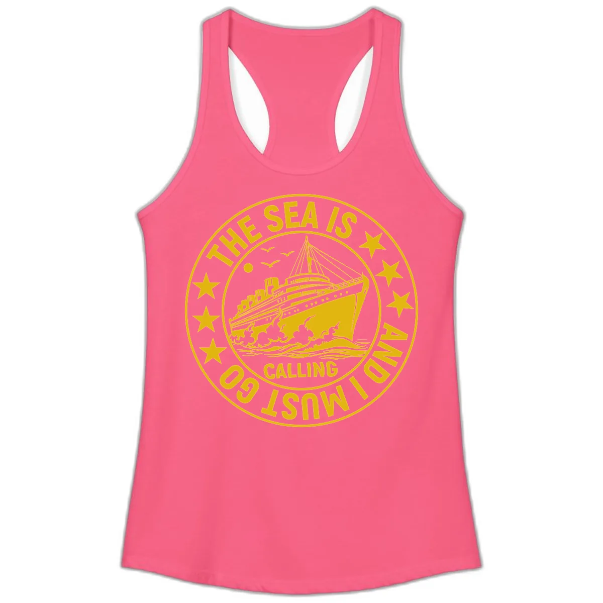 The Sea Is Calling Nautical Badge Ladies Tank in Solid Hot Pink