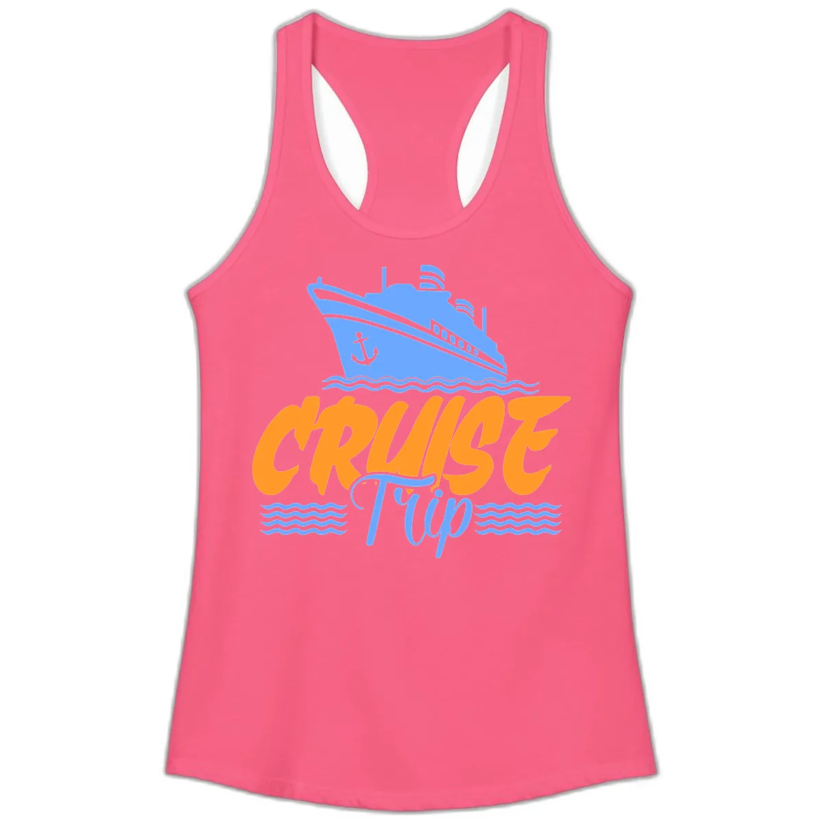 Cruise Trip Ship Anchor Waves Ladies Tank in Solid Hot Pink