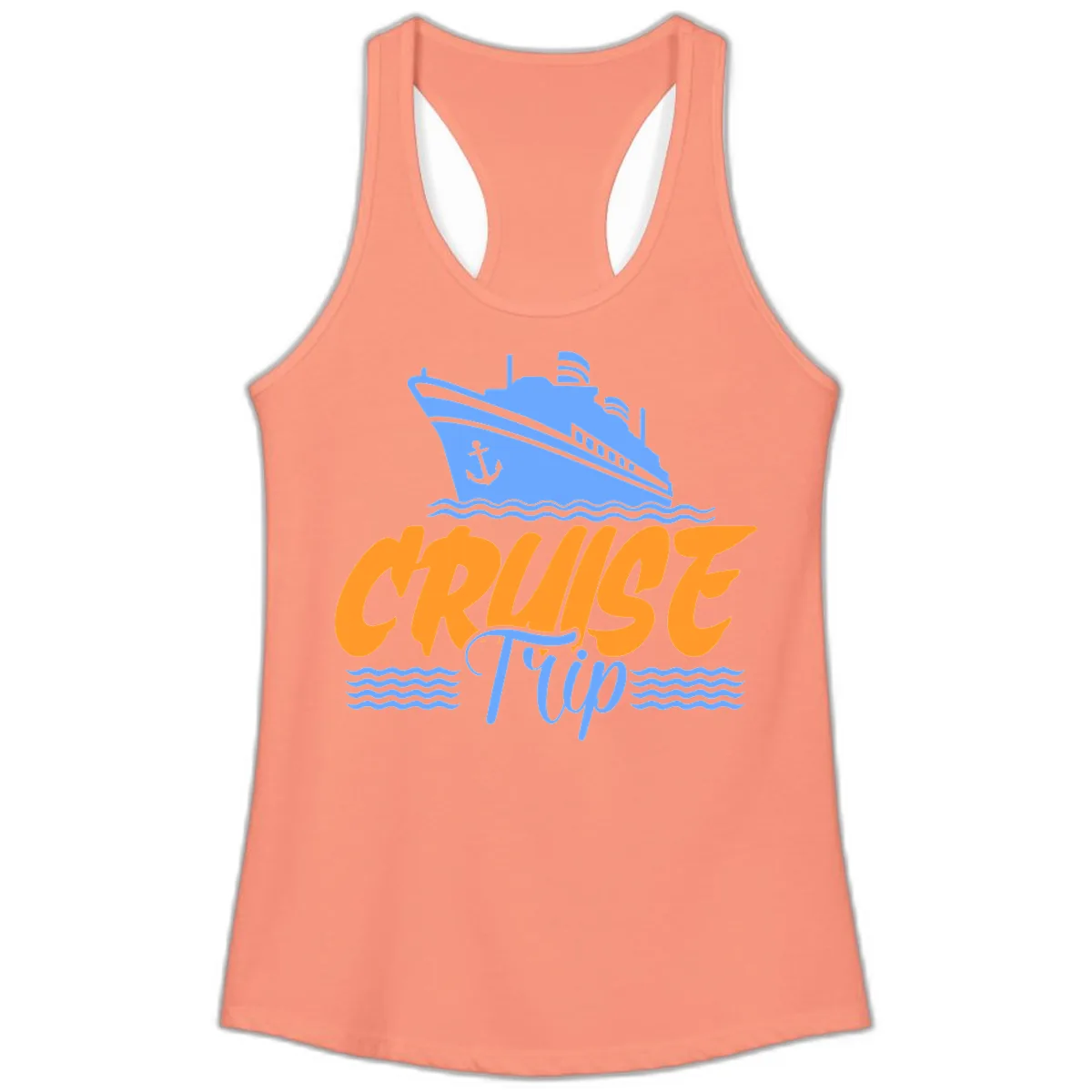 Cruise Trip Ship Anchor Waves Ladies Tank in Solid Light Orange