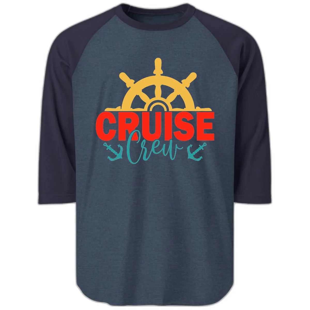 Cruise Shrek Nautical Wheel Design Raglan 3/4 in Heather Denim Navy