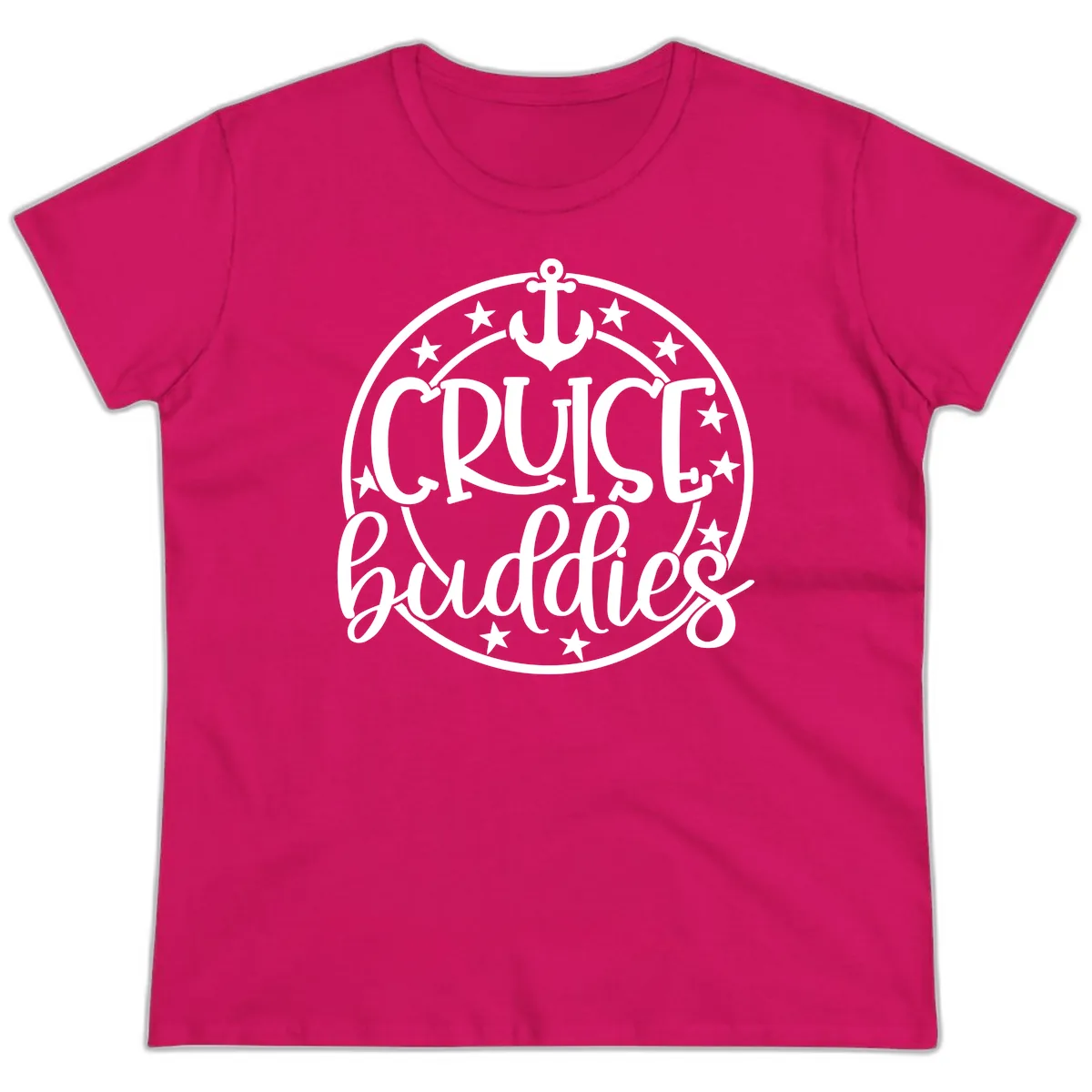 Cruise Buddies Anchor Circle Ladies Tee in Heliconia
