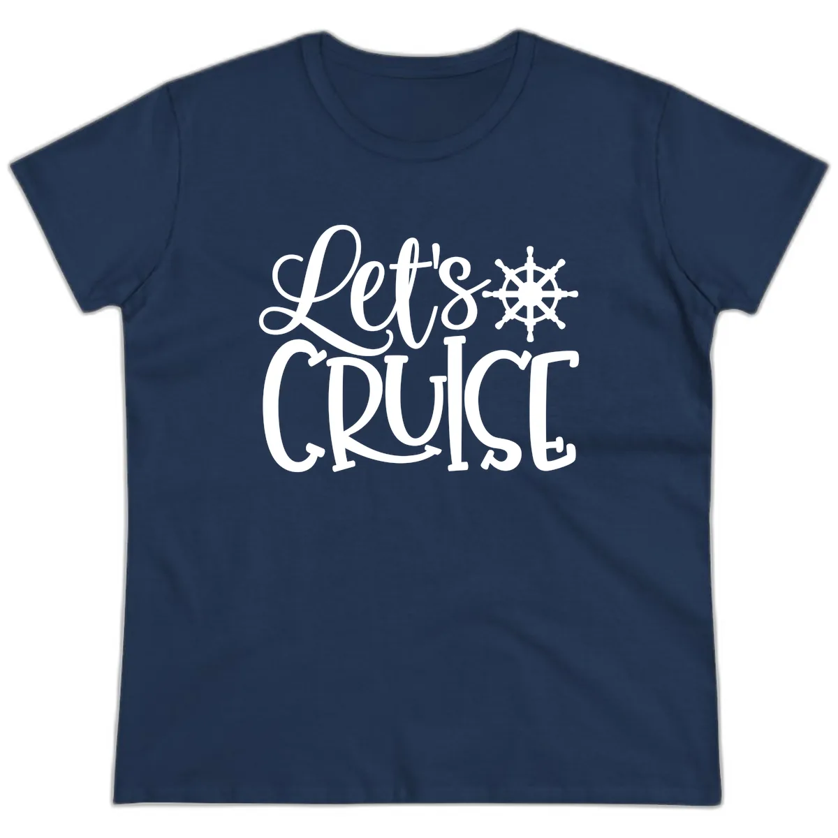 Let's Cruise Nautical Wheel Design Ladies Tee in Navy