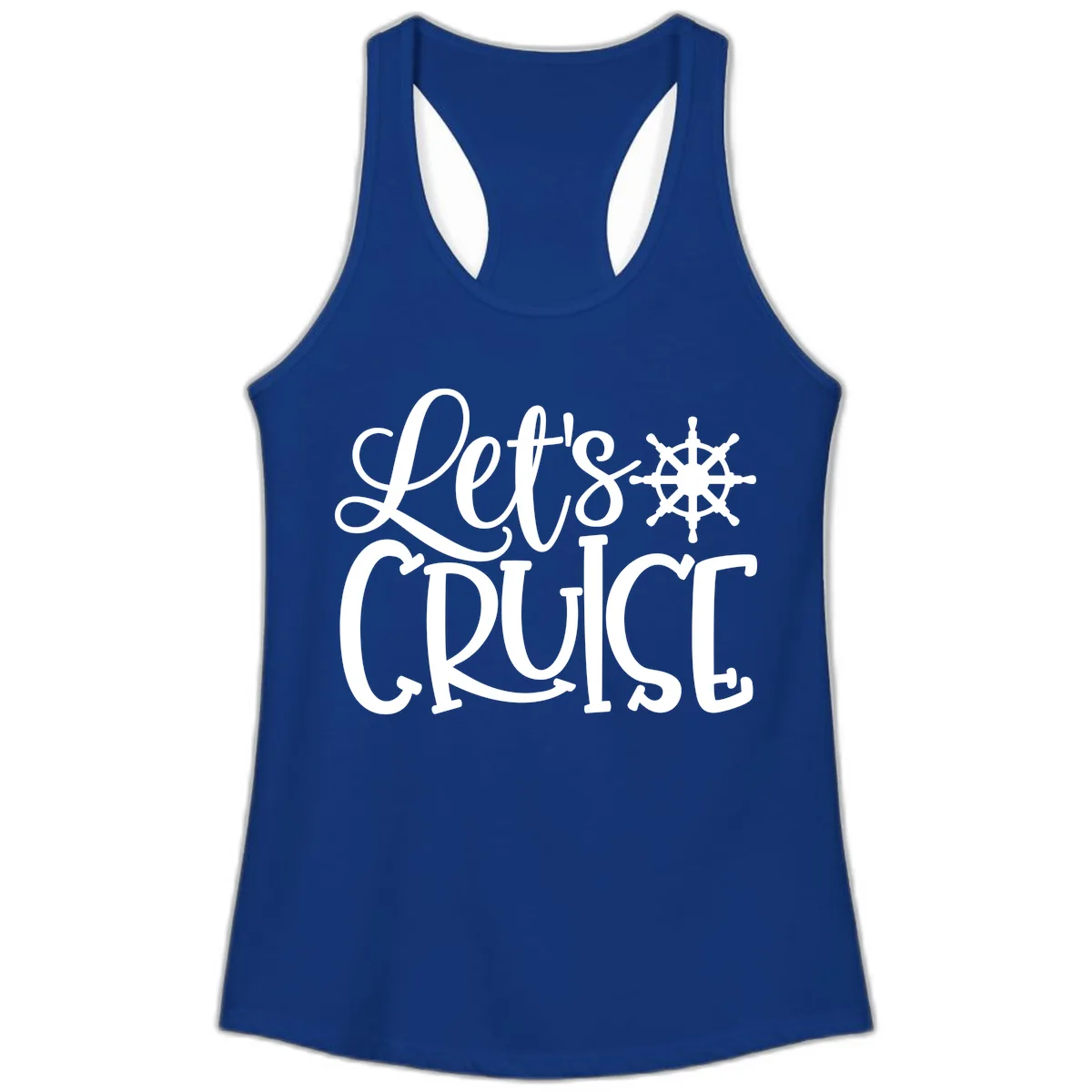 Let's Cruise Nautical Wheel Design Ladies Tank in Solid Royal