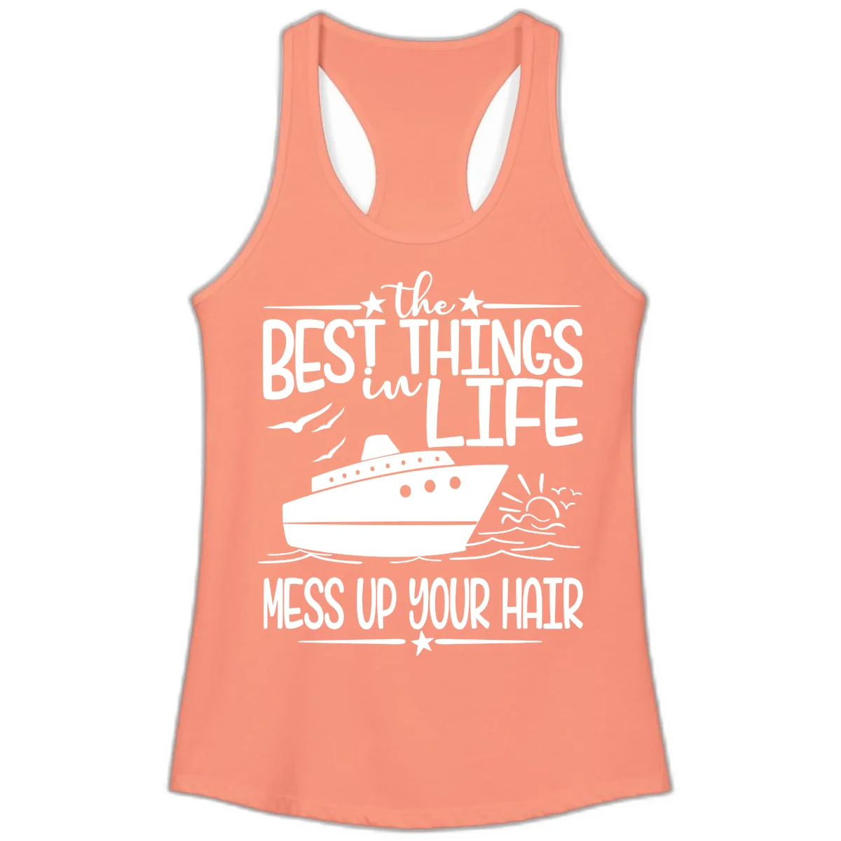 Best Things In Life Mess Up Your Hair Ladies Tank in Solid Light Orange