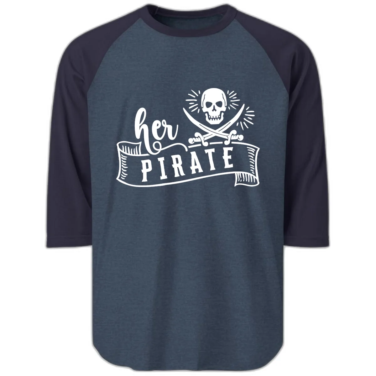 Ahoy Pirate Skull & Crossbones Raglan 3/4 in Heather Denim Navy