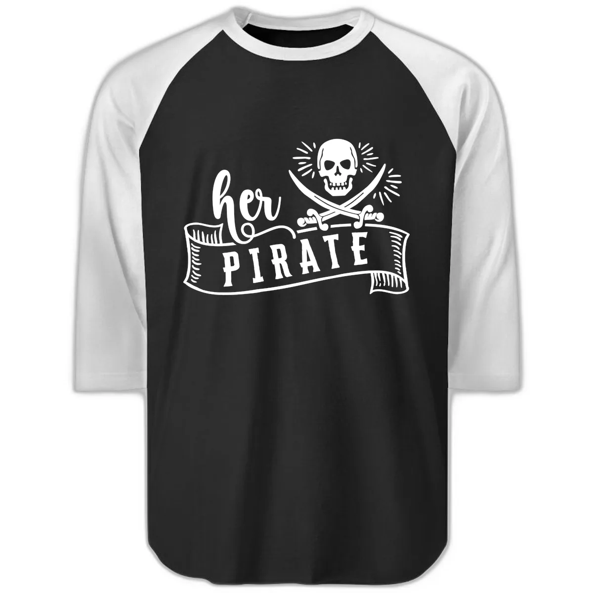 Ahoy Pirate Skull & Crossbones Raglan 3/4 in Black White