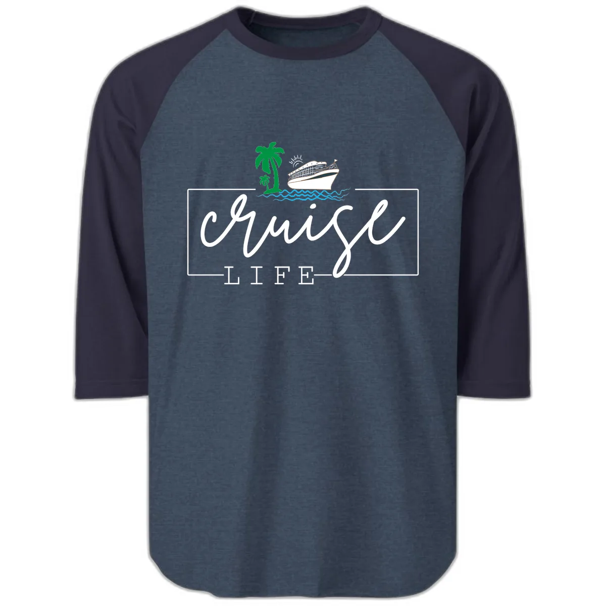 Cruising Life Tropical Getaway Raglan 3/4 in Heather Denim Navy