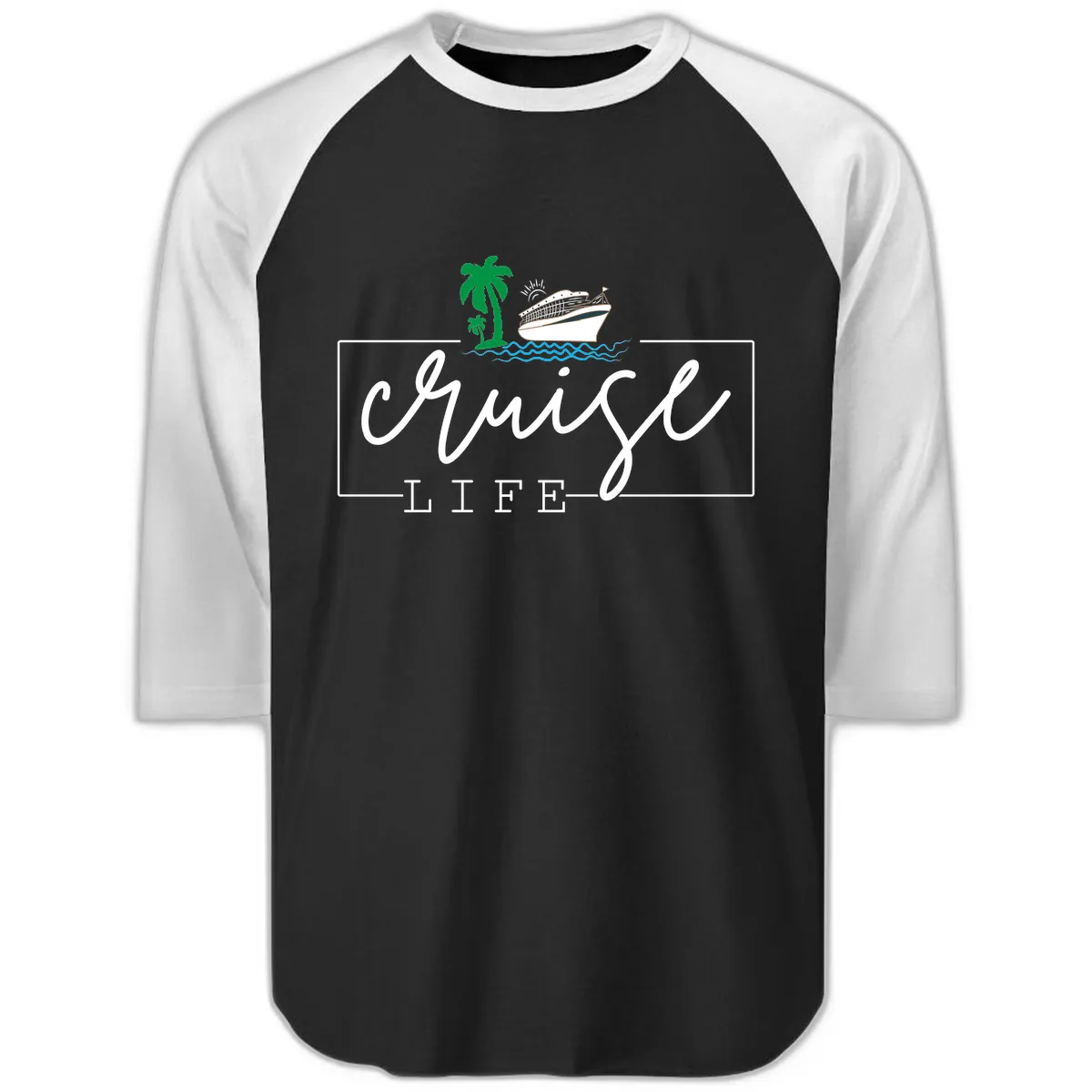 Cruising Life Tropical Getaway Raglan 3/4 in Black White