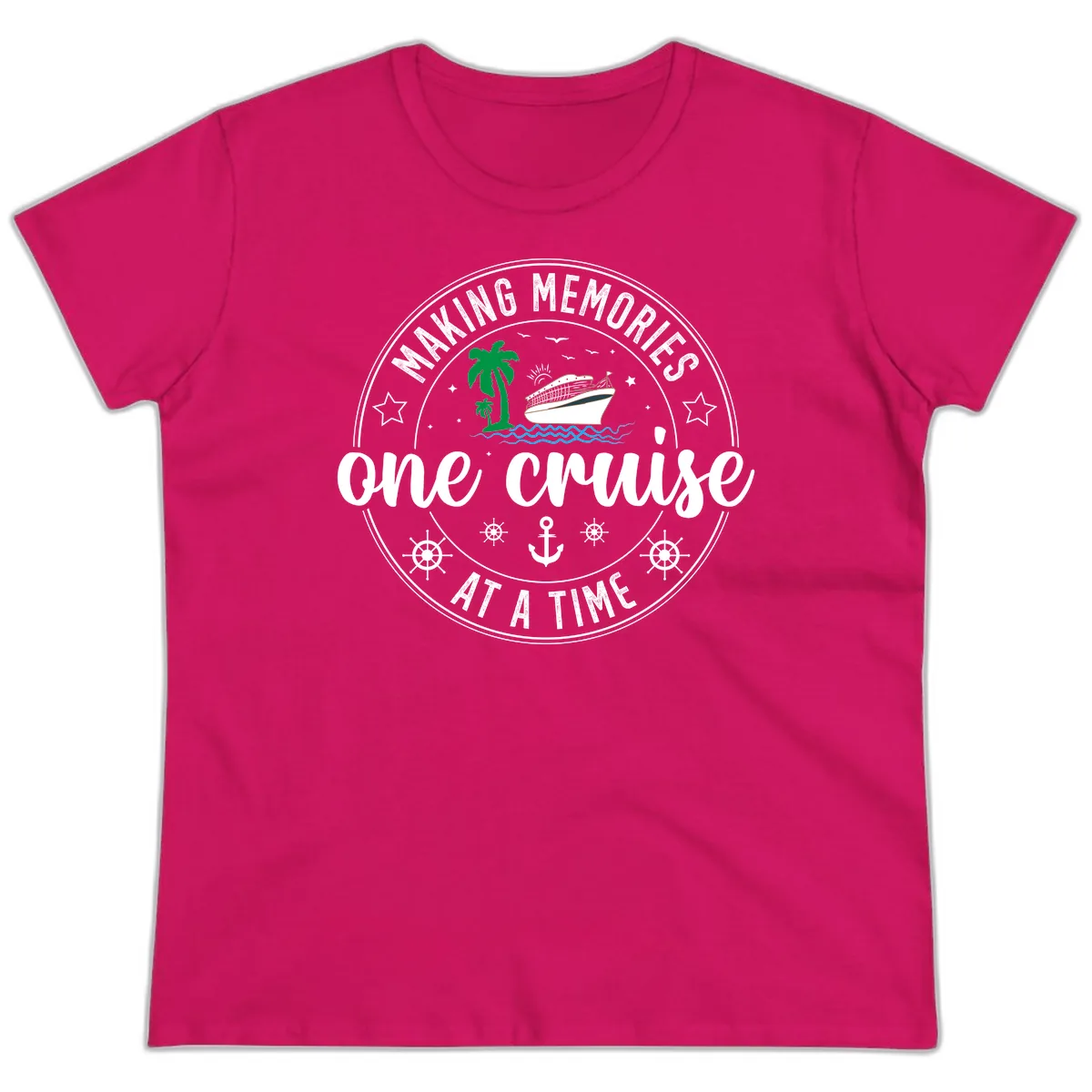 Making Memories One Cruise At A Time Ladies Tee in Heliconia