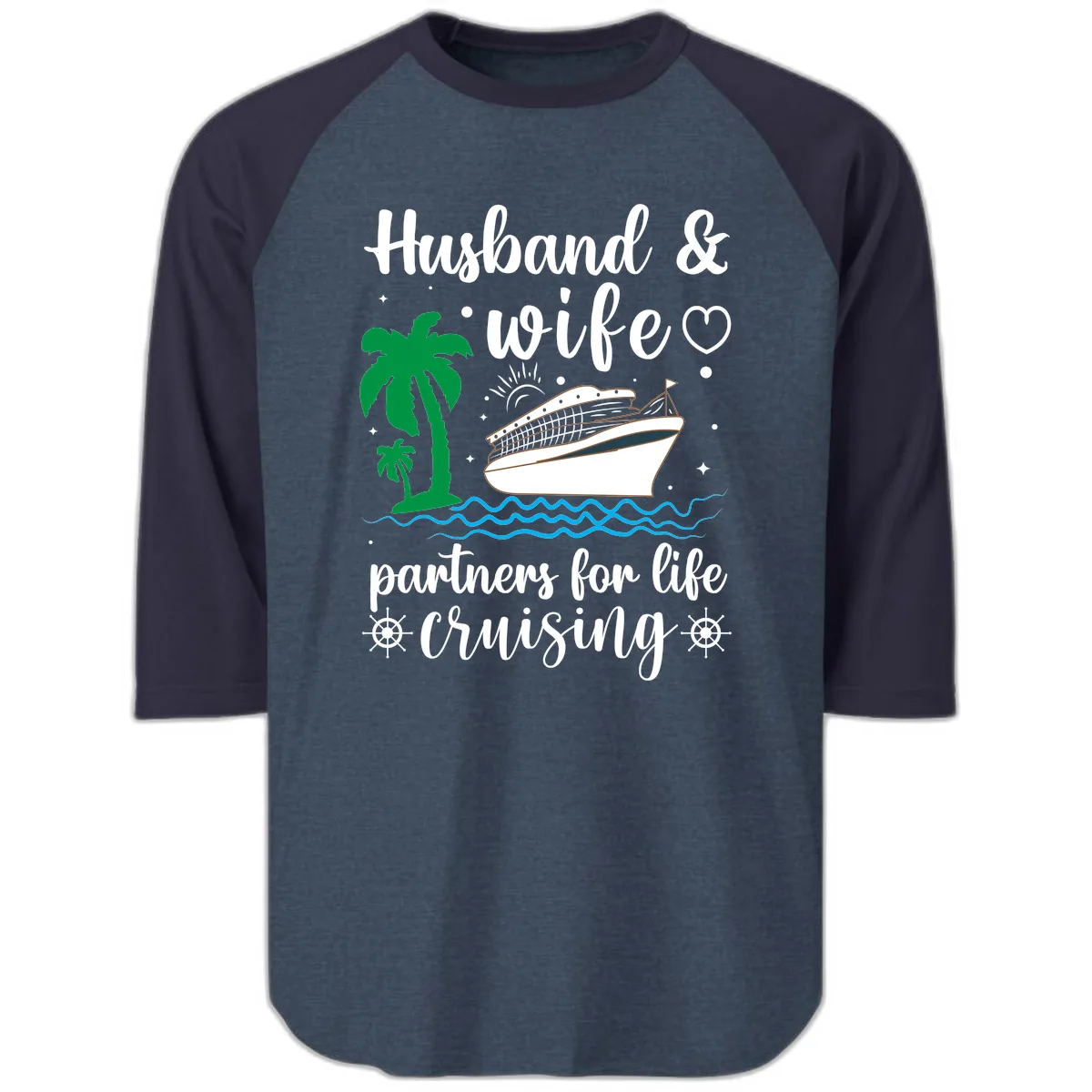 Husband & Wife Partners For Life Cruising Raglan 3/4 in Heather Denim Navy