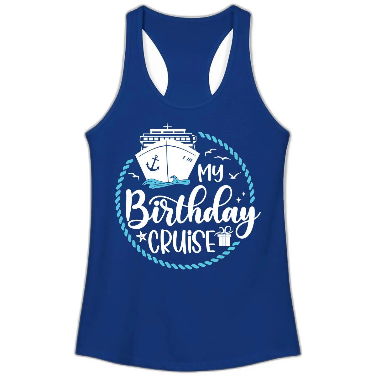 My Birthday Cruise Ladies Tank in Solid Royal