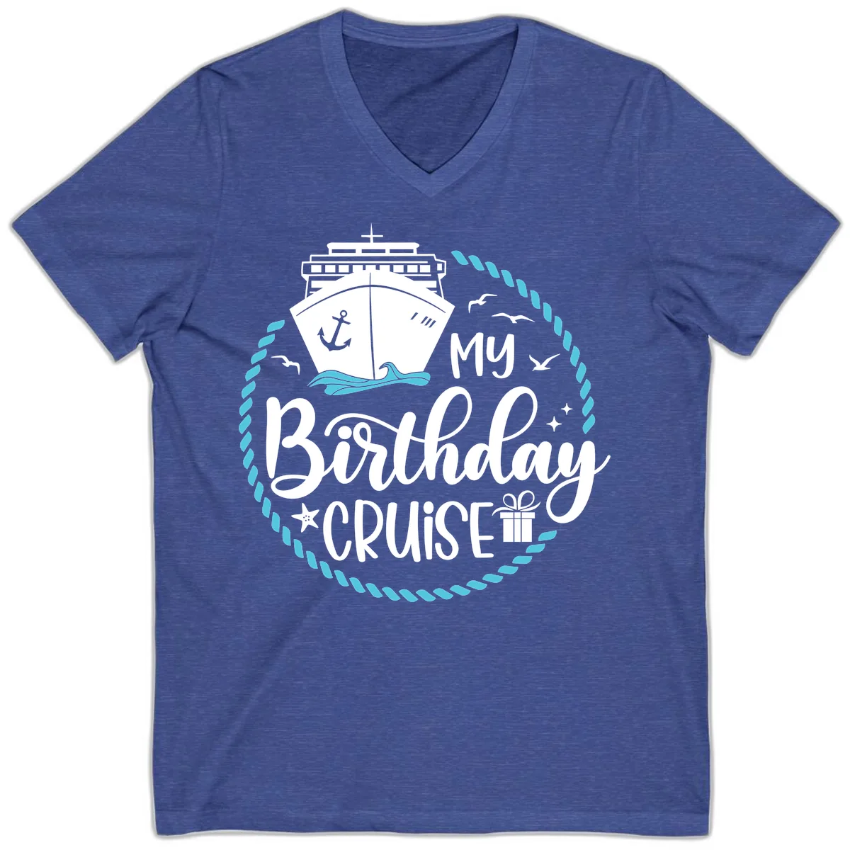 My Birthday Cruise V-Neck in Heather True Royal