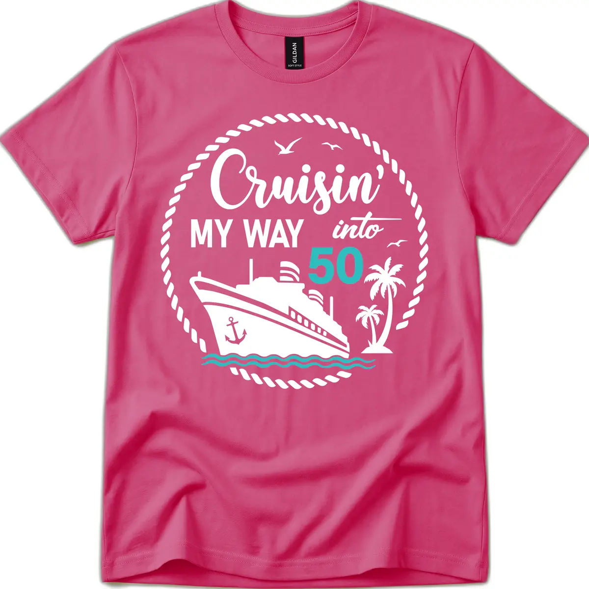 Cruisin' My Way Into 50 T-Shirt in Heliconia