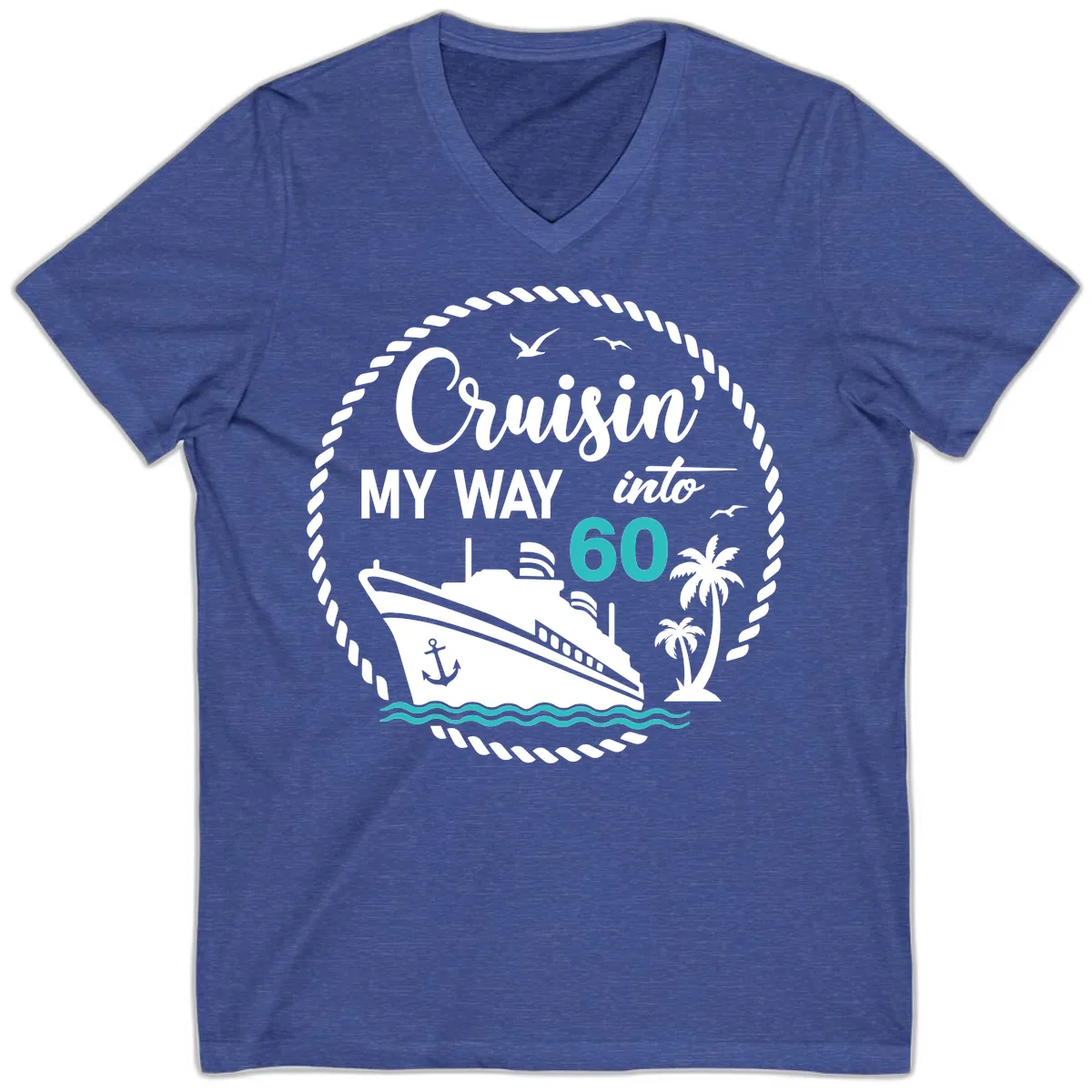 Cruisin' My Way Into 60 V-Neck in Heather True Royal