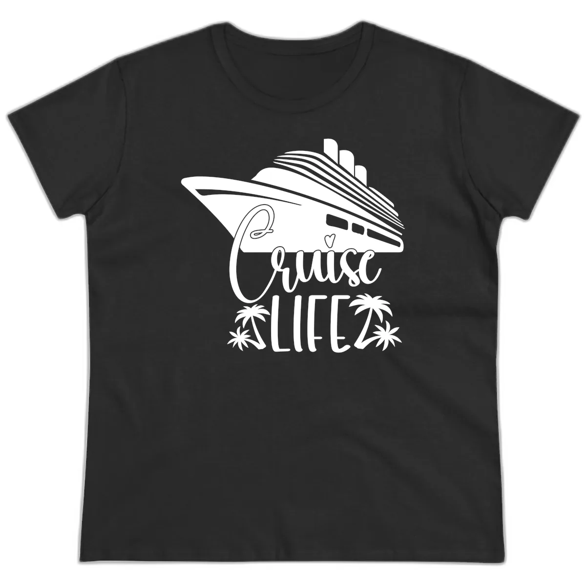 Cruise Life Ship & Palm Trees Ladies Tee in Black