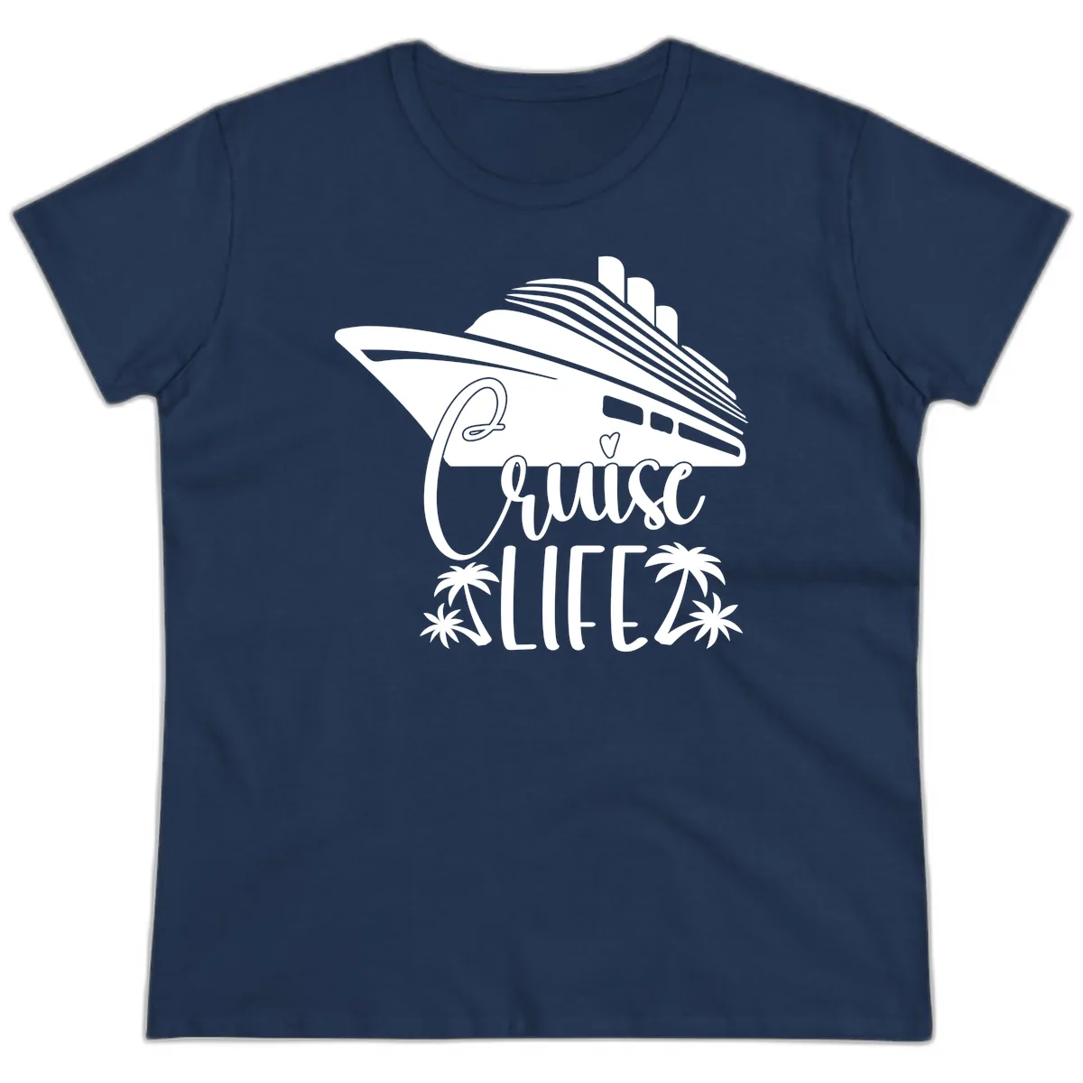 Cruise Life Ship & Palm Trees Ladies Tee in Navy