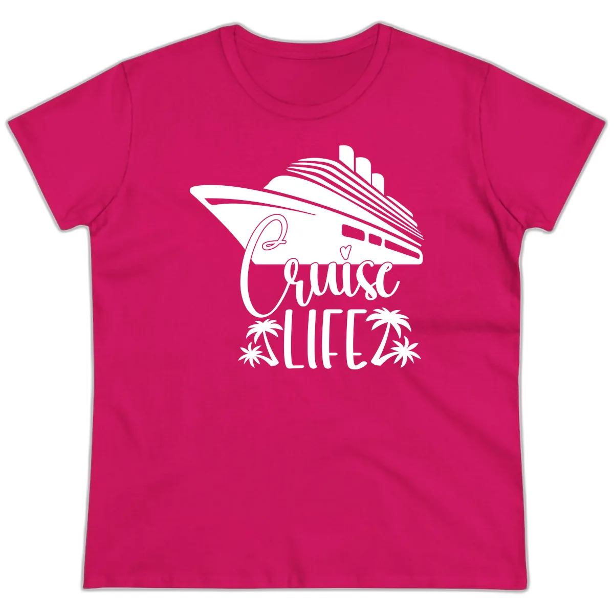 Cruise Life Ship & Palm Trees Ladies Tee in Heliconia