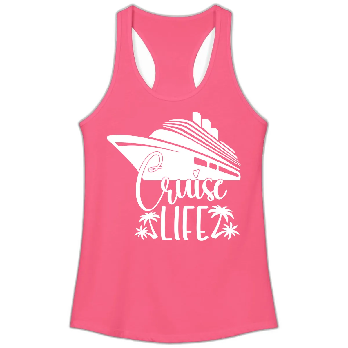 Cruise Life Ship & Palm Trees Ladies Tank in Solid Hot Pink