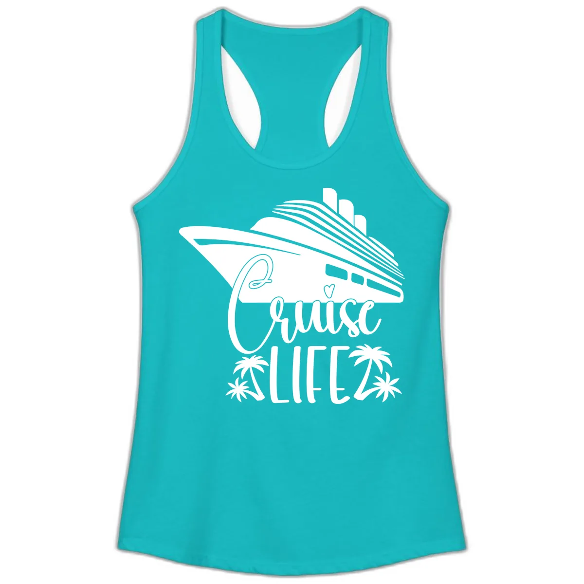 Cruise Life Ship & Palm Trees Ladies Tank in Tahiti Blue