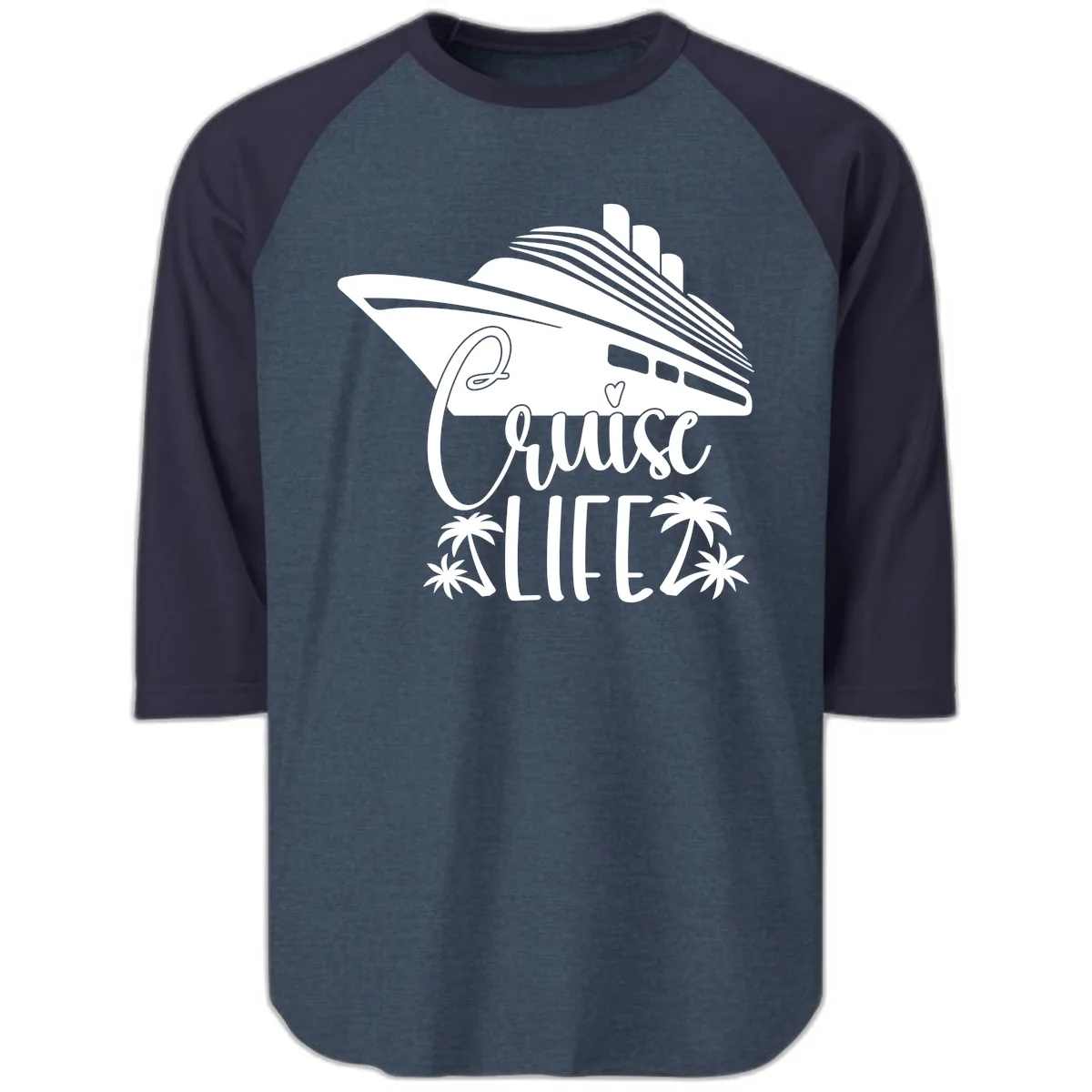 Cruise Life Ship & Palm Trees Raglan 3/4 in Heather Denim Navy