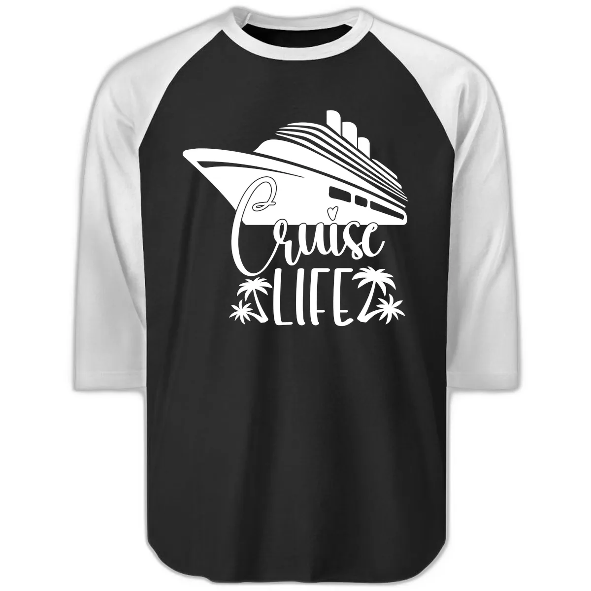 Cruise Life Ship & Palm Trees Raglan 3/4 in Black White