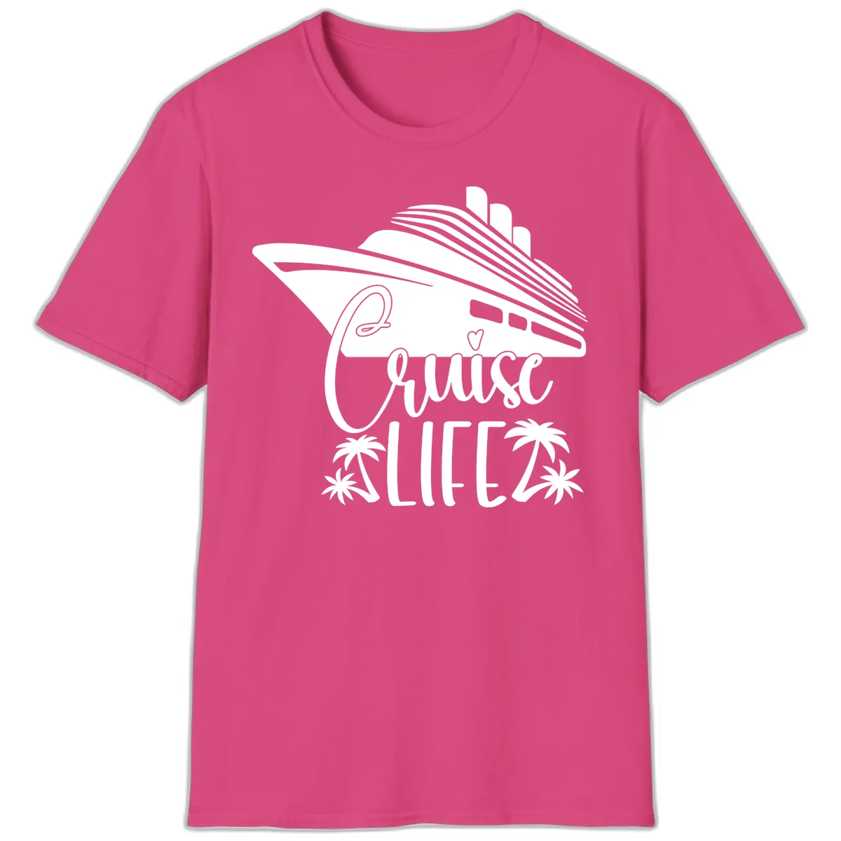 Cruise Life Ship & Palm Trees T-Shirt in Heliconia