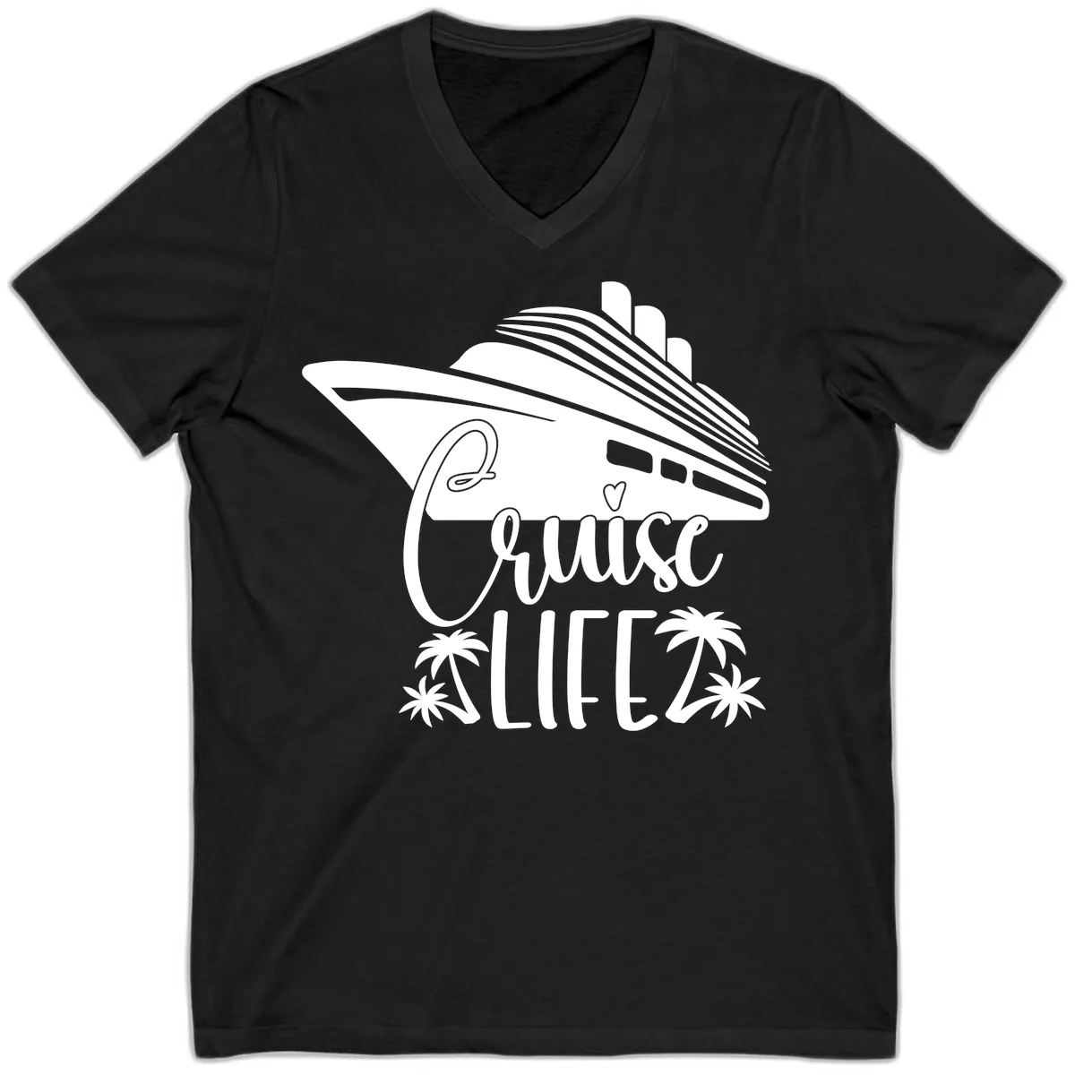 Cruise Life Ship & Palm Trees V-Neck in Black