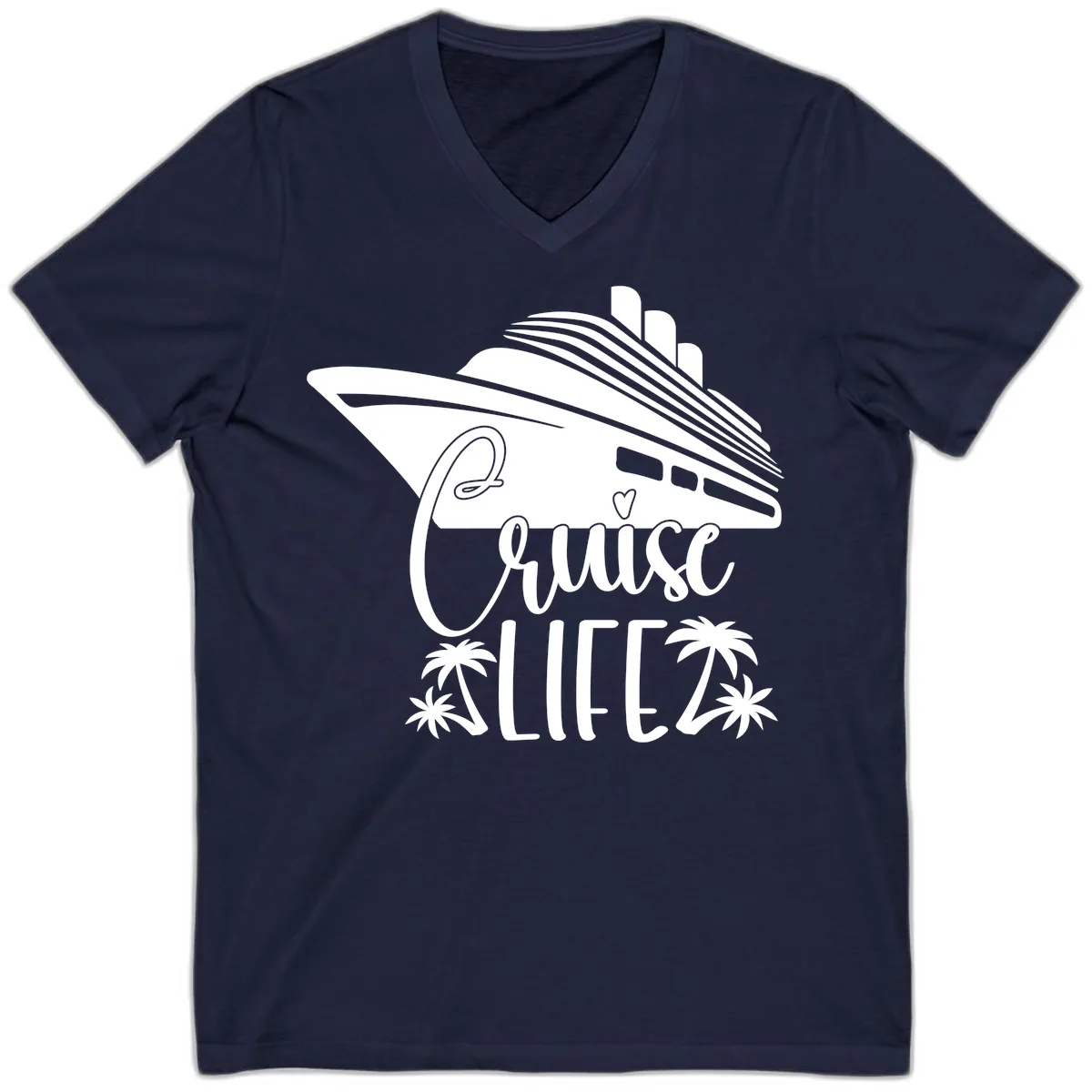 Cruise Life Ship & Palm Trees V-Neck in Navy