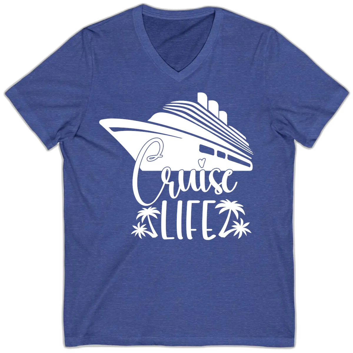 Cruise Life Ship & Palm Trees V-Neck in Heather True Royal