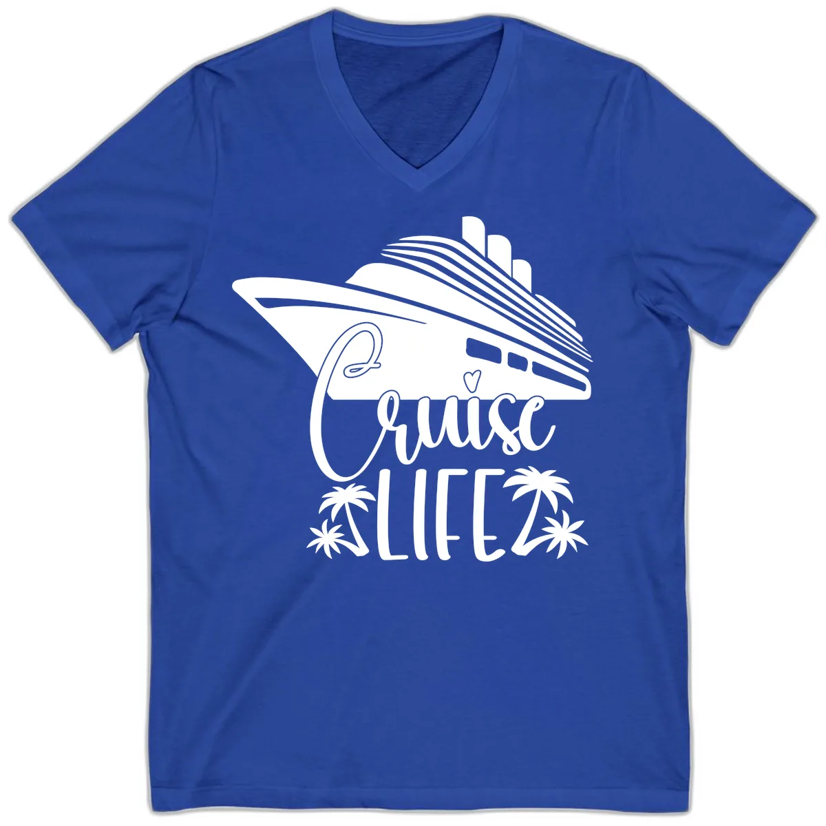 Cruise Life Ship & Palm Trees V-Neck in True Royal