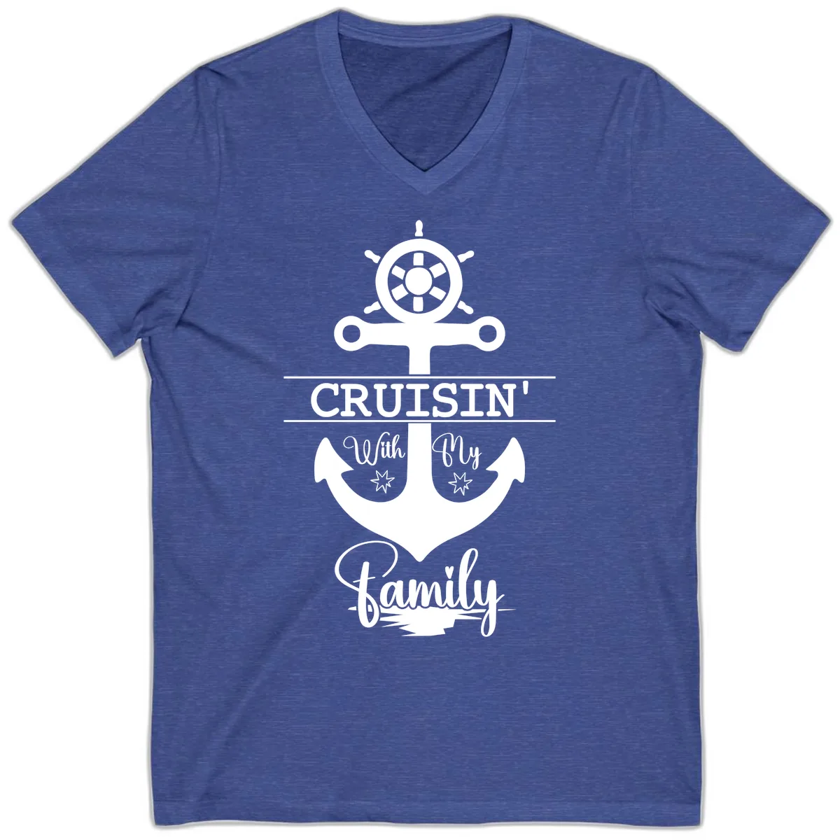 Cruisin' With My Family Anchor V-Neck in Heather True Royal
