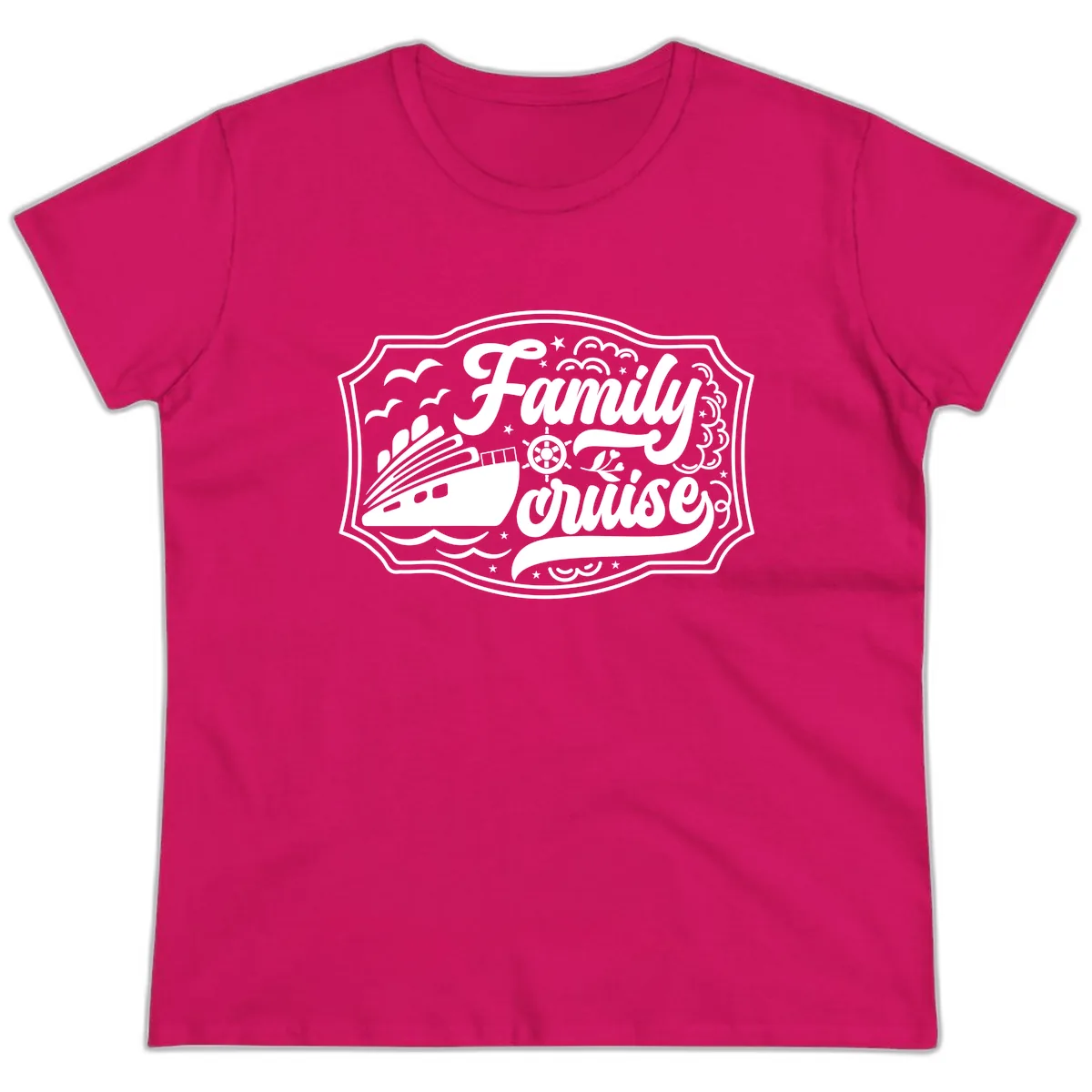 Family Cruise Vintage Badge Ladies Tee in Heliconia