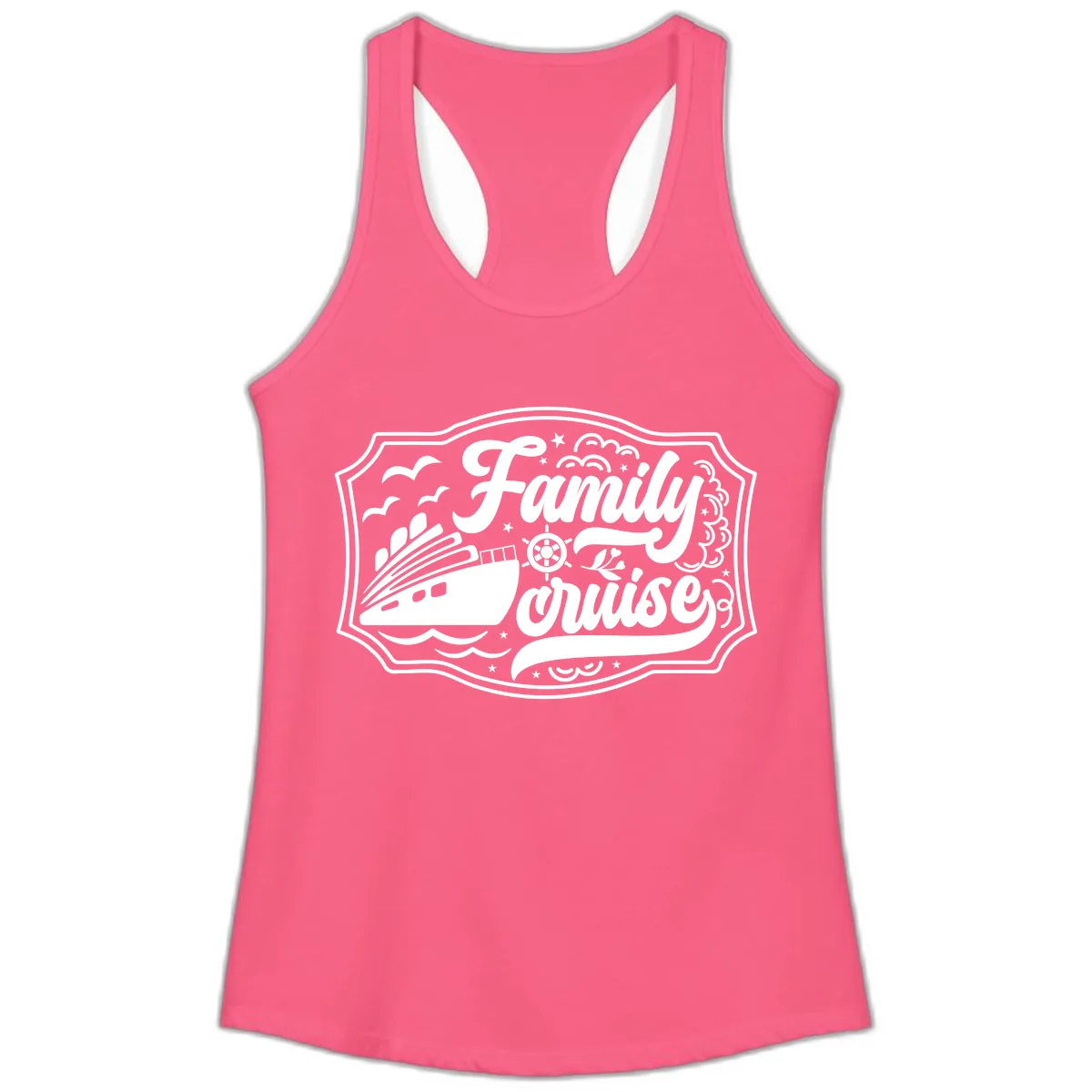 Family Cruise Vintage Badge Ladies Tank in Solid Hot Pink
