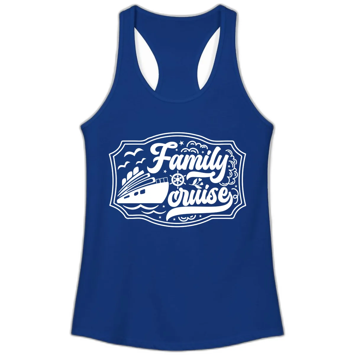 Family Cruise Vintage Badge Ladies Tank in Solid Royal