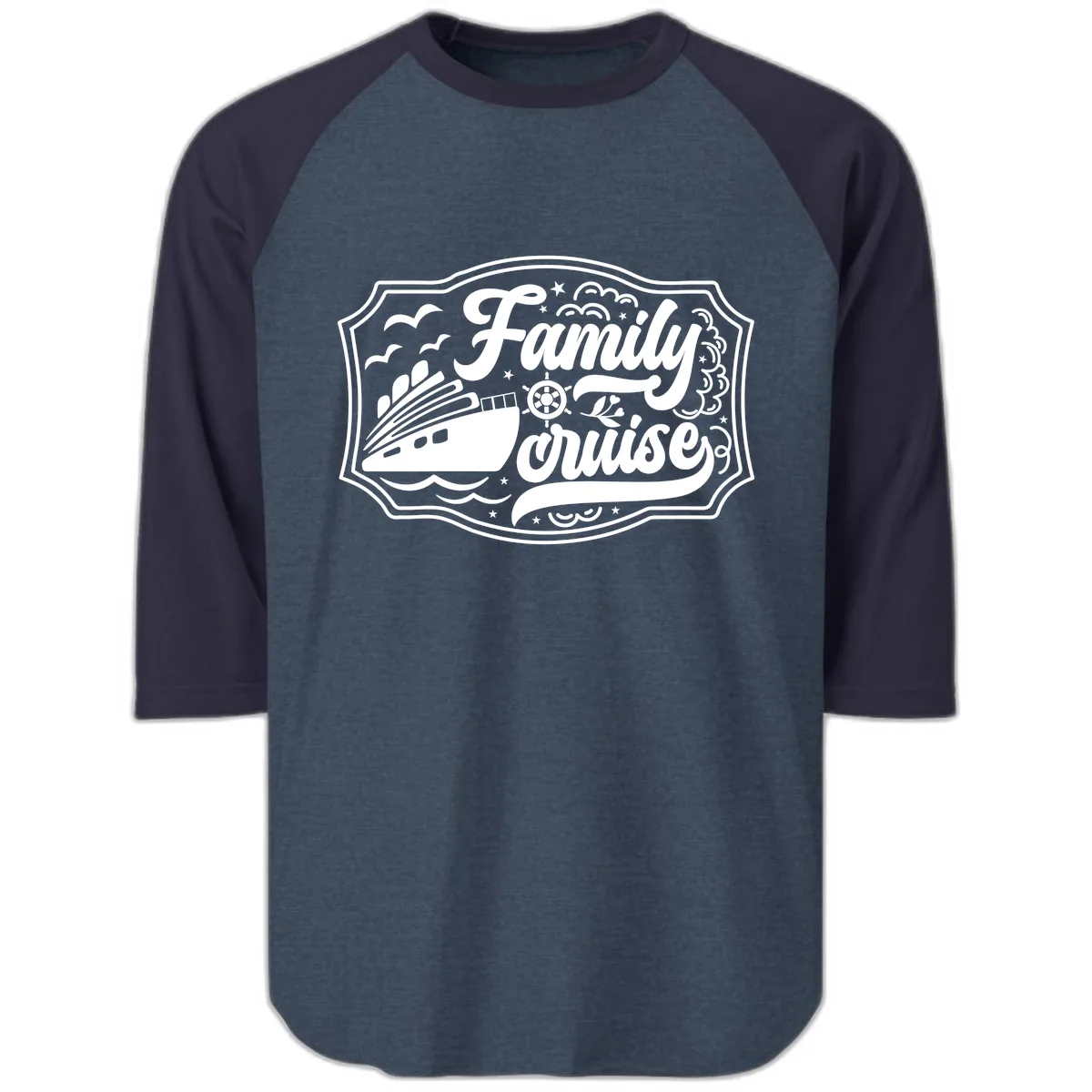 Family Cruise Vintage Badge Raglan 3/4 in Heather Denim Navy