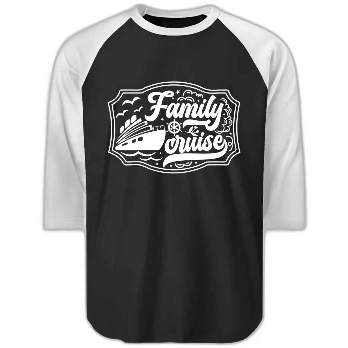 Family Cruise Vintage Badge Raglan 3/4 in Black White