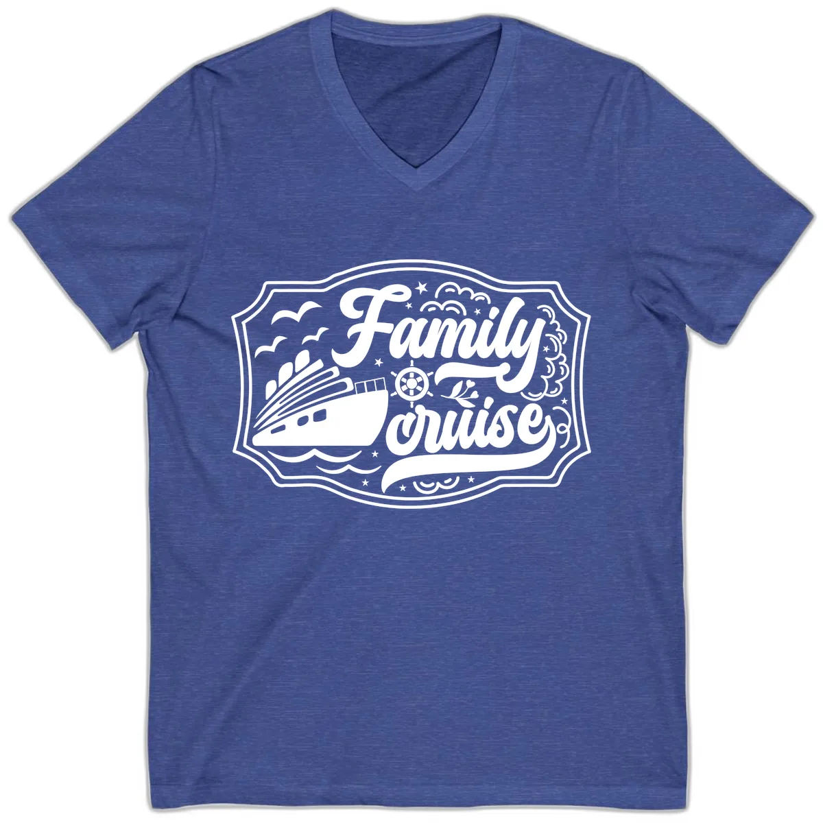 Family Cruise Vintage Badge V-Neck in Heather True Royal