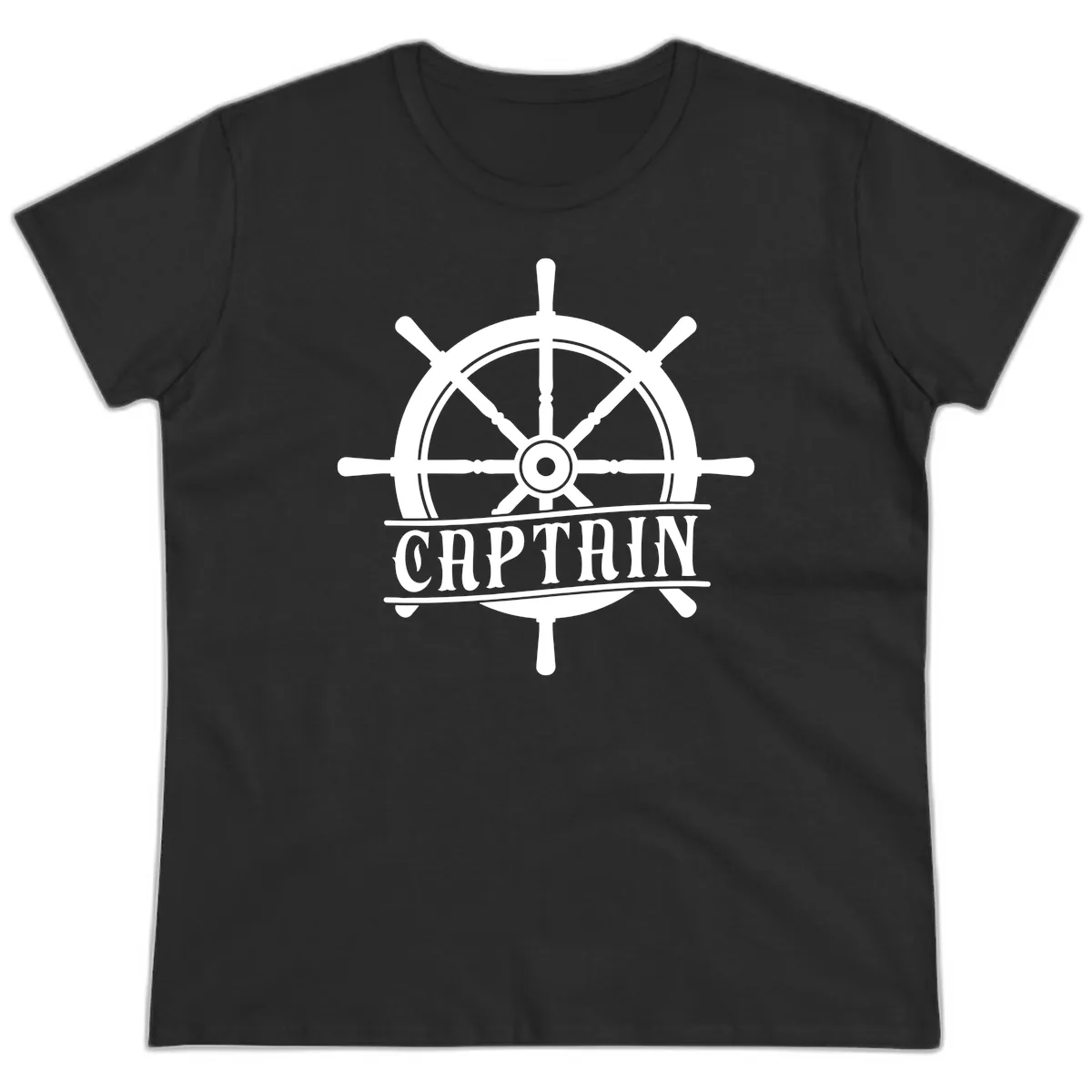 Captain Ship Wheel Nautical Design Ladies Tee in Black