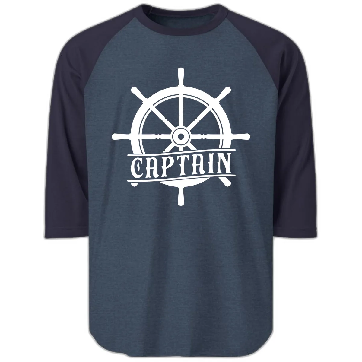 Captain Ship Wheel Nautical Design Raglan 3/4 in Heather Denim Navy
