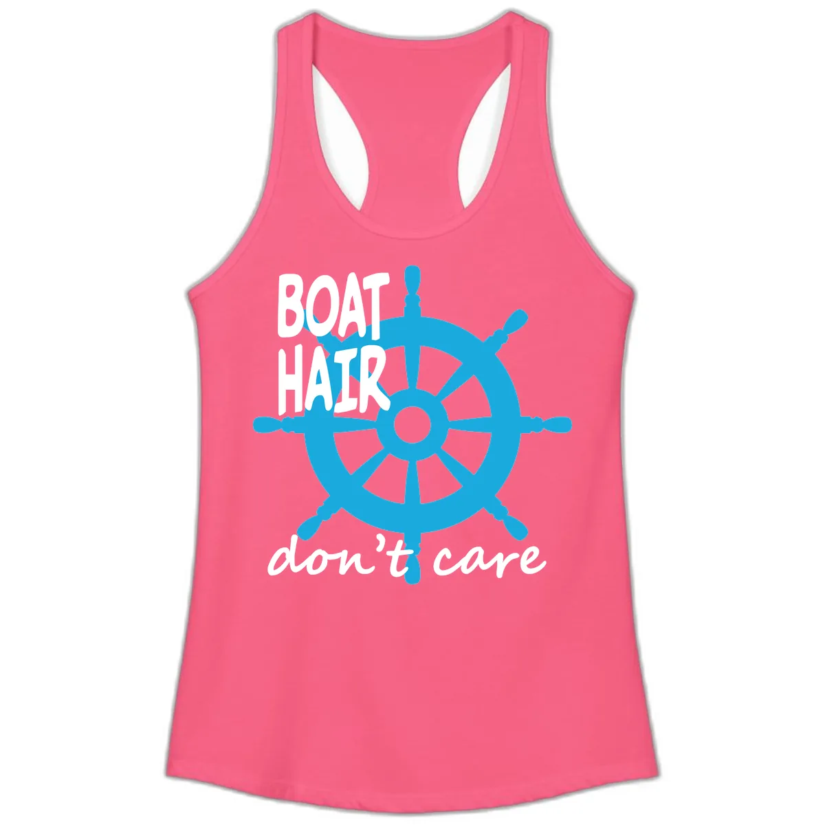 Boat Hair Don't Care Nautical Wheel Ladies Tank in Solid Hot Pink