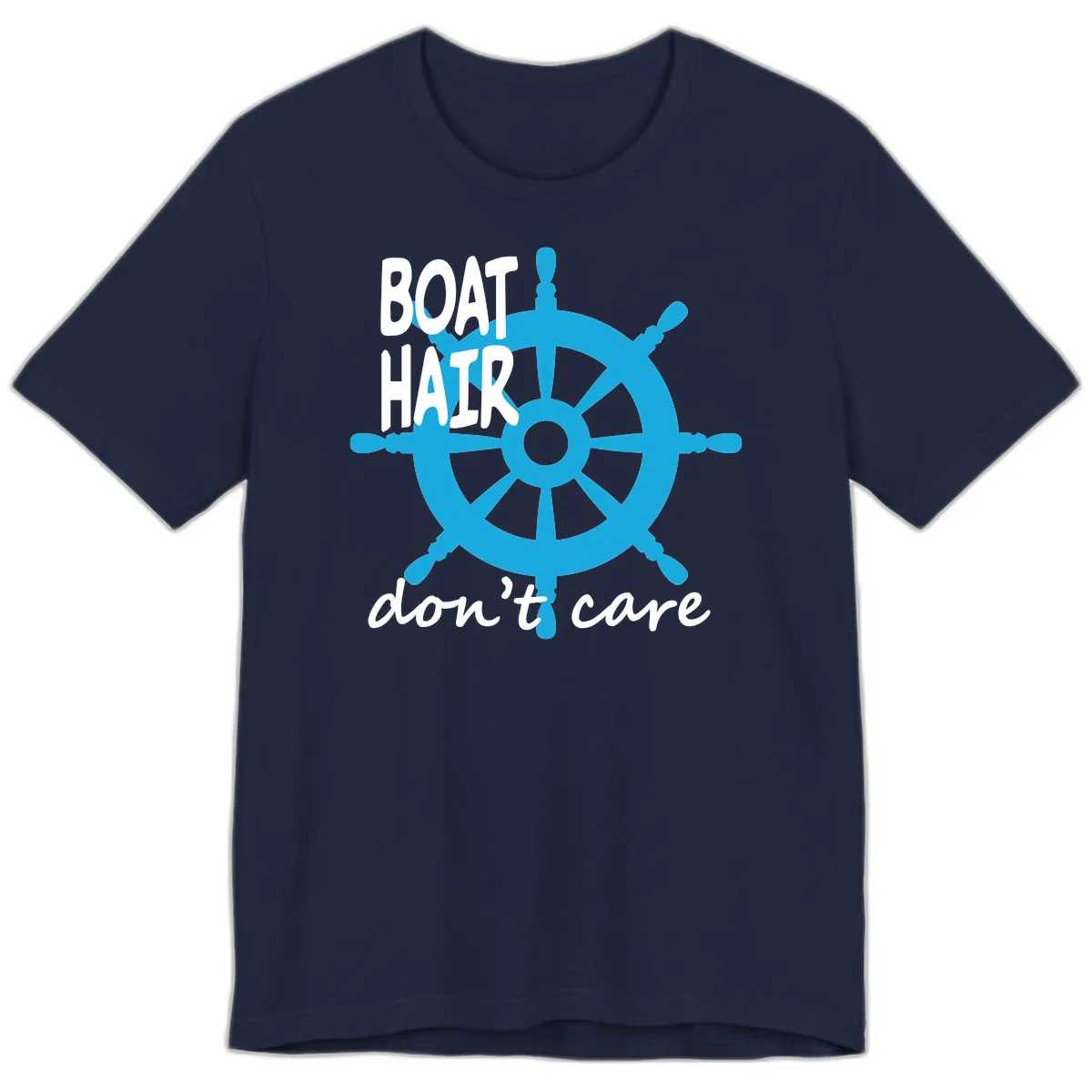Boat Hair Don't Care Nautical Wheel Premium T-Shirt in Navy