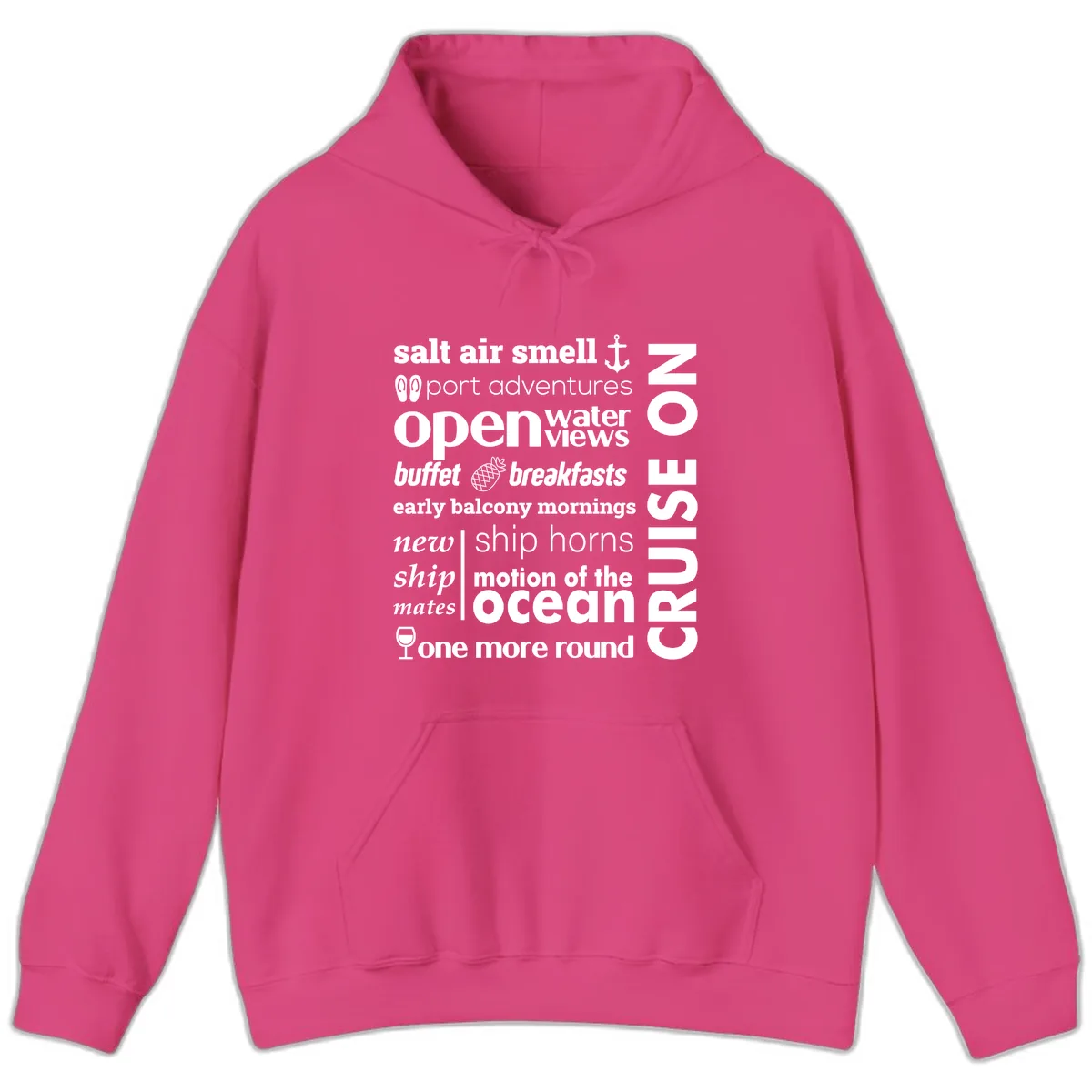 Cruise Vibes Word Cloud Design Hoodie in Heliconia