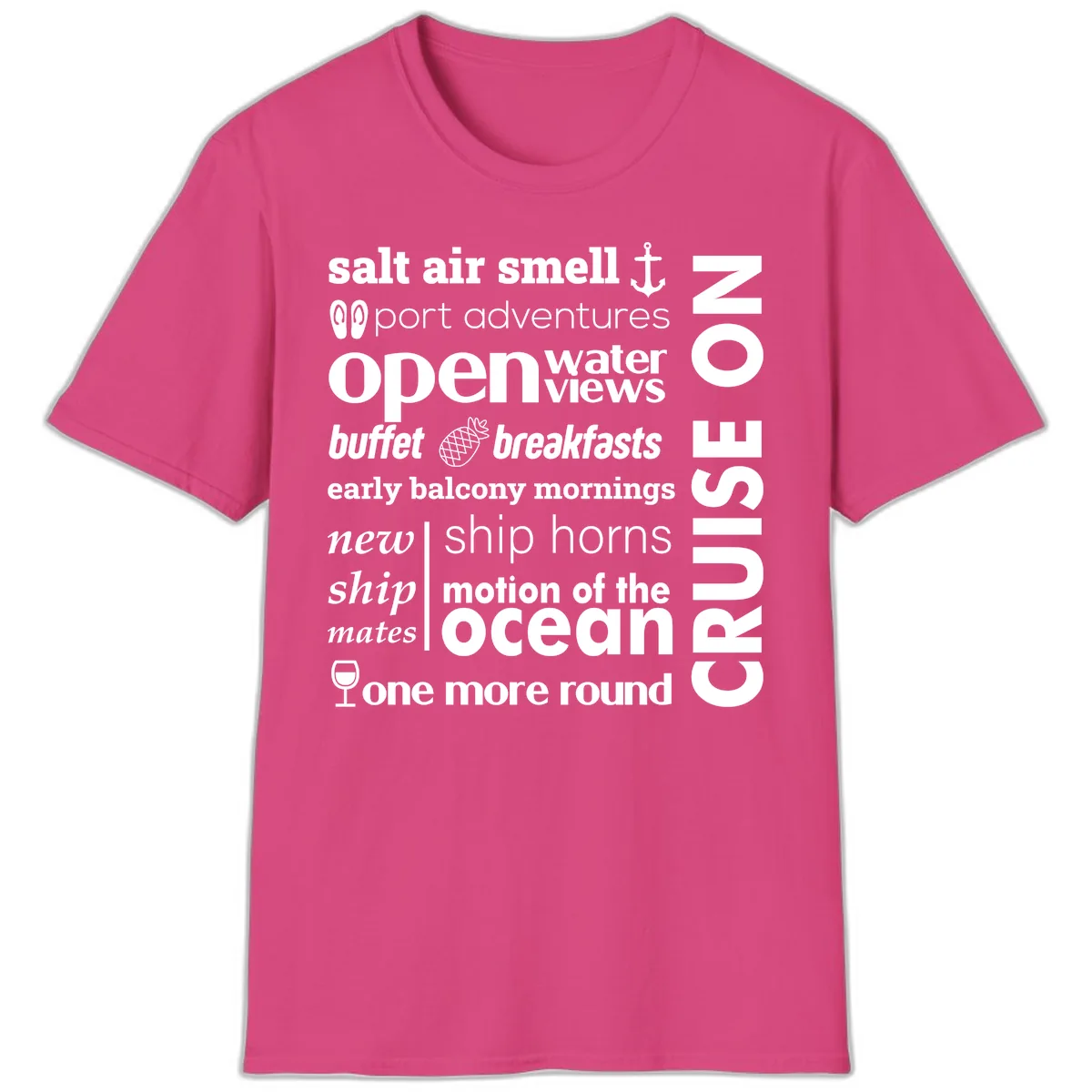 Cruise Vibes Word Cloud Design T-Shirt in Heliconia