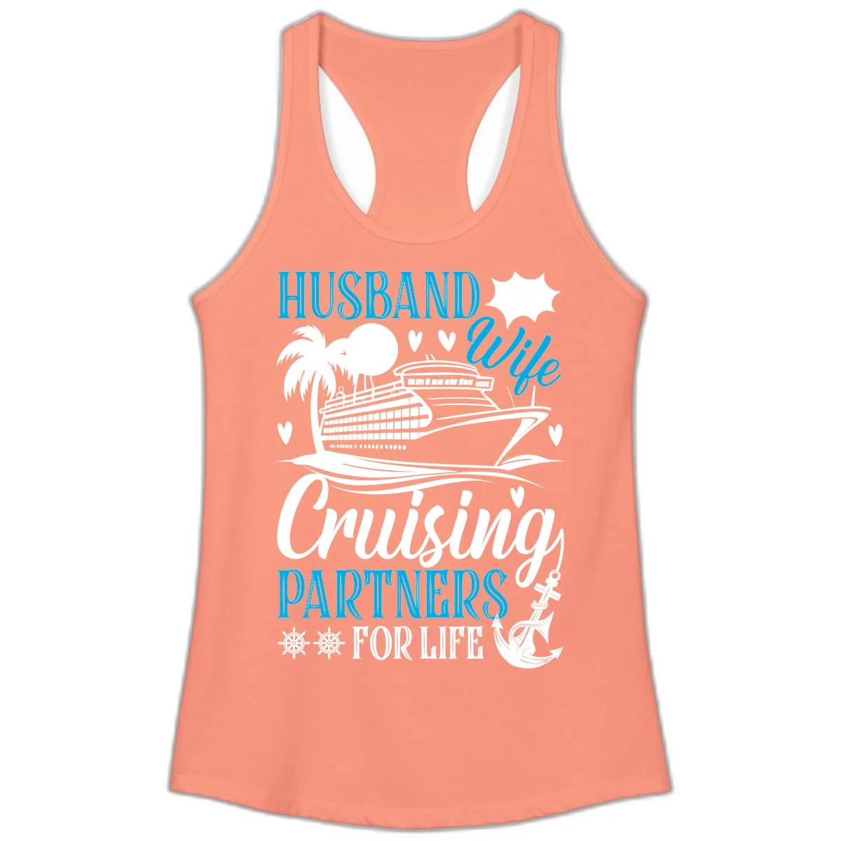 Husband and Wife Cruising Partners For Life Ladies Tank in Solid Light Orange