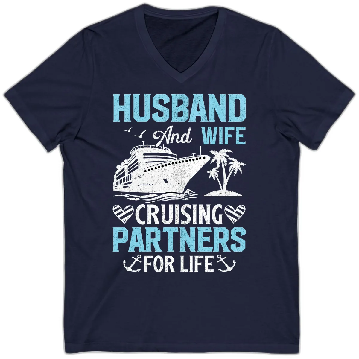 Husband And Wife Cruising Partners For Life V-Neck in Navy
