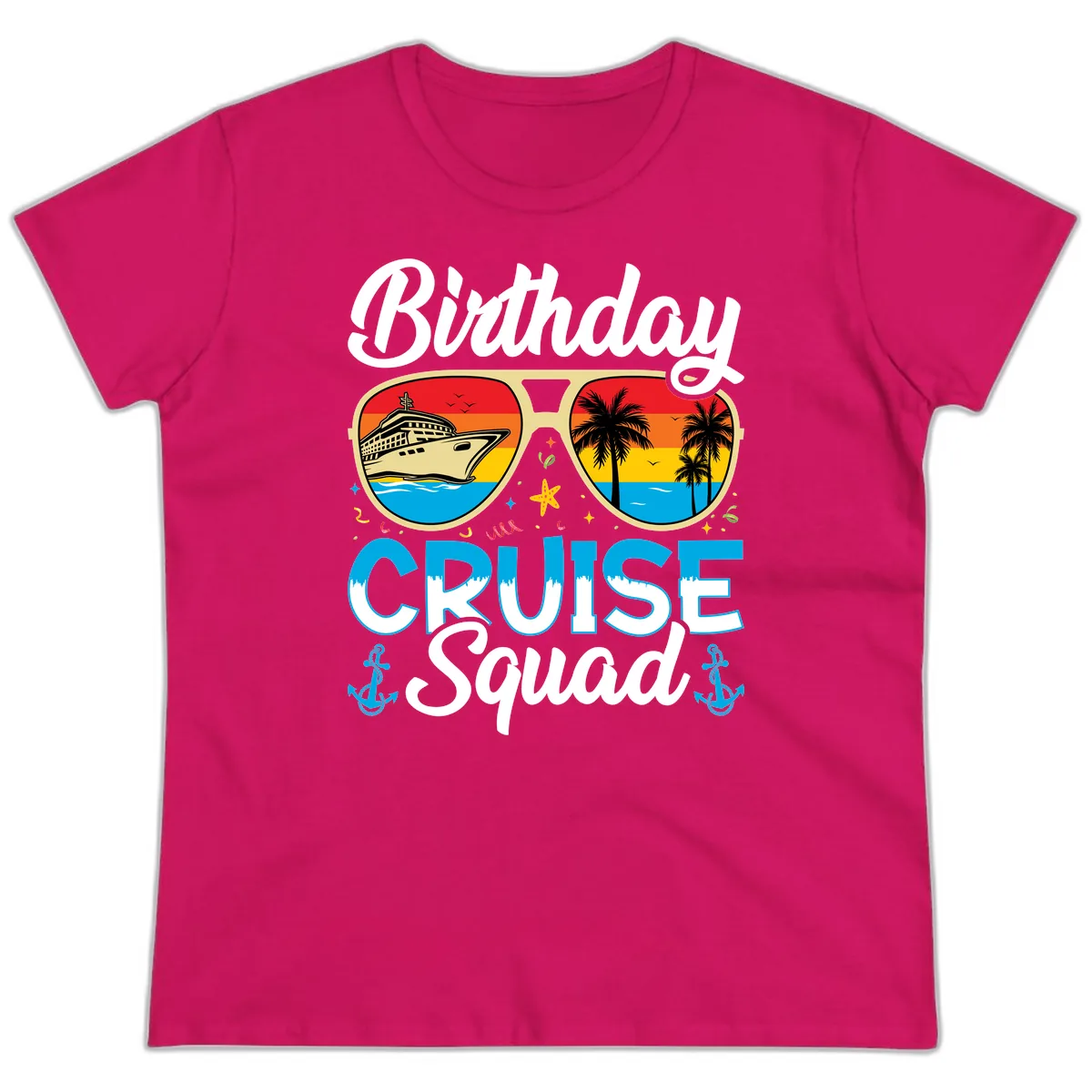 Birthday Cruise Squad Ladies Tee in Heliconia