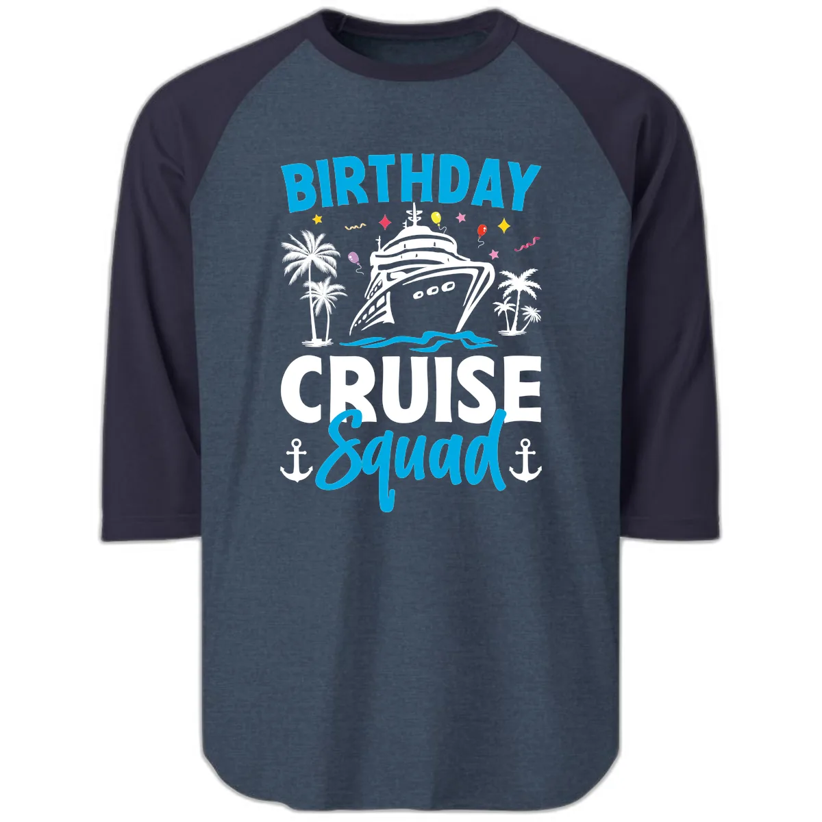 Birthday Cruise Squad Raglan 3/4 in Heather Denim Navy